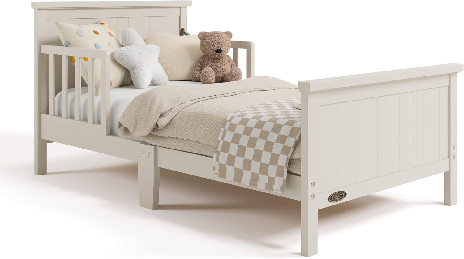 imageGraco Bailey Toddler Bed White GREENGUARD Gold Certified Fits Standard FullSize Crib ampamp Toddler Mattress Toddler Safety Guardrails Included Complete Design with Solid Headboard FootboardFrosted Oat
