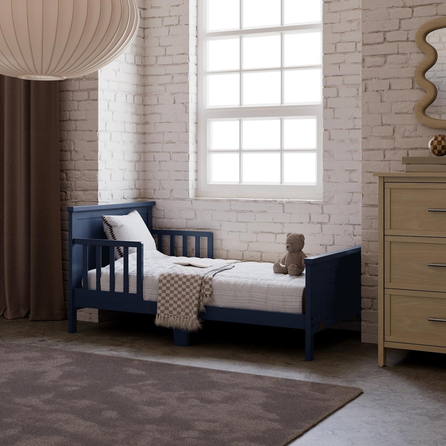 imageGraco Bailey Toddler Bed White GREENGUARD Gold Certified Fits Standard FullSize Crib ampamp Toddler Mattress Toddler Safety Guardrails Included Complete Design with Solid Headboard FootboardMidnight Blue