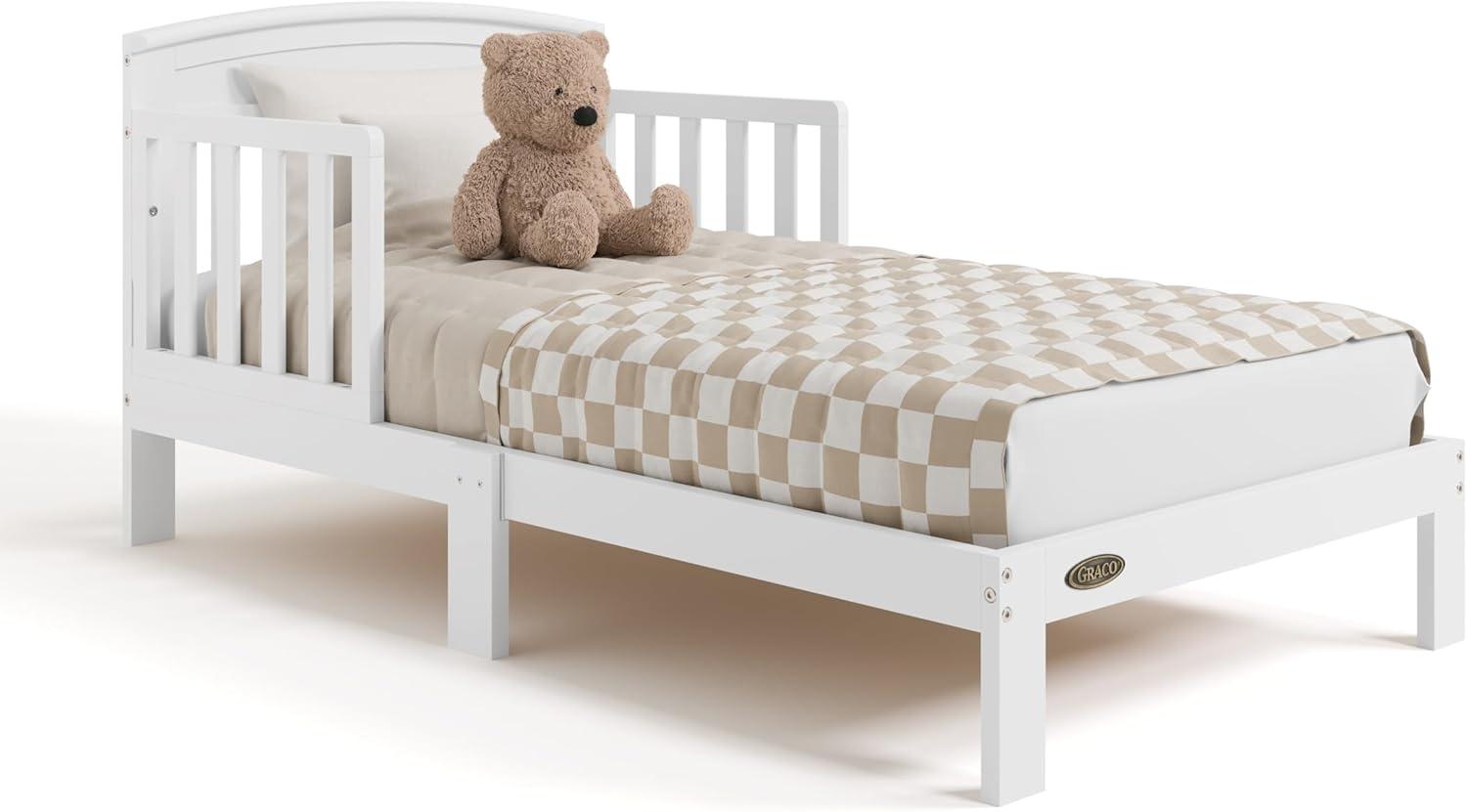 imageGraco Benton Toddler Bed White GREENGUARD Gold Certified Baby Safety Alliance Verified with Safety Toddler Guardrails Fits Standard Crib Mattress Easy Assembly Kids Transition BedWhite