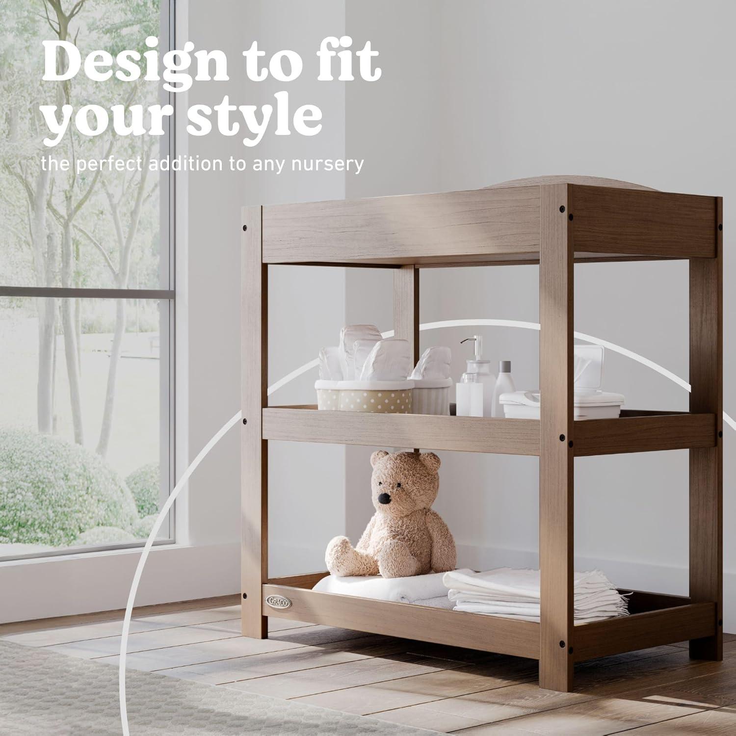 imageGraco Customizable Changing Table with WaterResistant Changing Pad White Customizable Modern Flat or Classic Arched Headboard Baby Diaper Changing Pad IncludedHazelnut