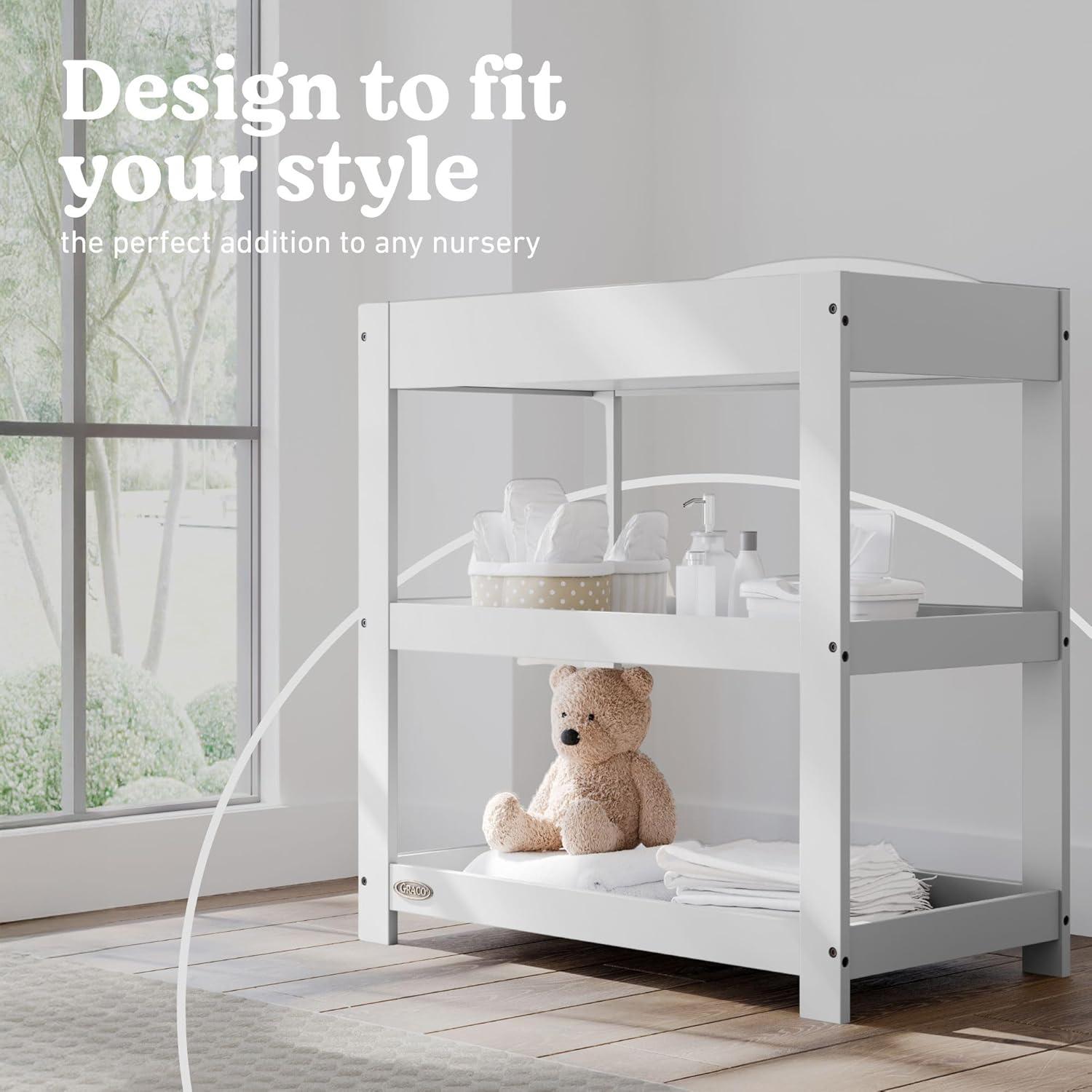 imageGraco Customizable Changing Table with WaterResistant Changing Pad White Customizable Modern Flat or Classic Arched Headboard Baby Diaper Changing Pad IncludedPebble Gray