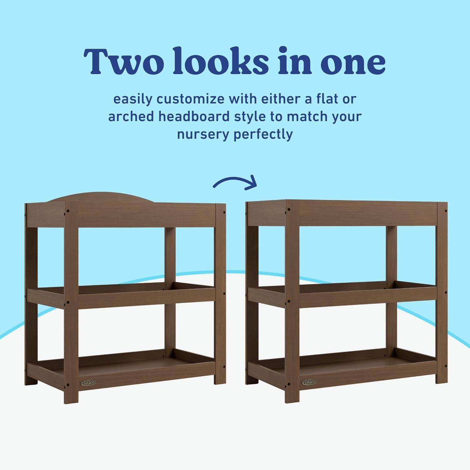 imageGraco Customizable Changing Table with WaterResistant Changing Pad White Customizable Modern Flat or Classic Arched Headboard Baby Diaper Changing Pad IncludedHazelnut