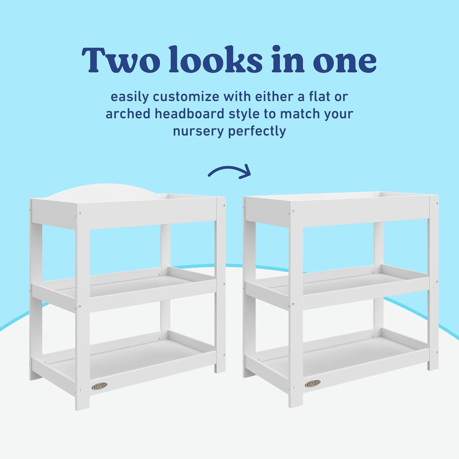 imageGraco Customizable Changing Table with WaterResistant Changing Pad White Customizable Modern Flat or Classic Arched Headboard Baby Diaper Changing Pad IncludedWhite