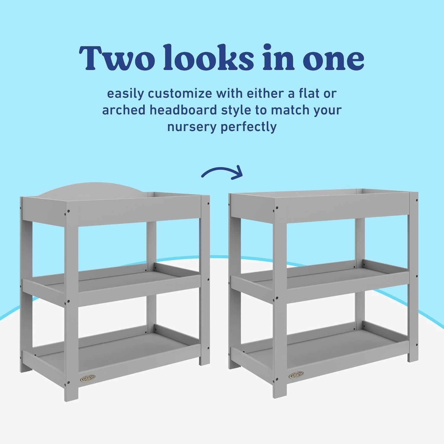 imageGraco Customizable Changing Table with WaterResistant Changing Pad White Customizable Modern Flat or Classic Arched Headboard Baby Diaper Changing Pad IncludedPebble Gray