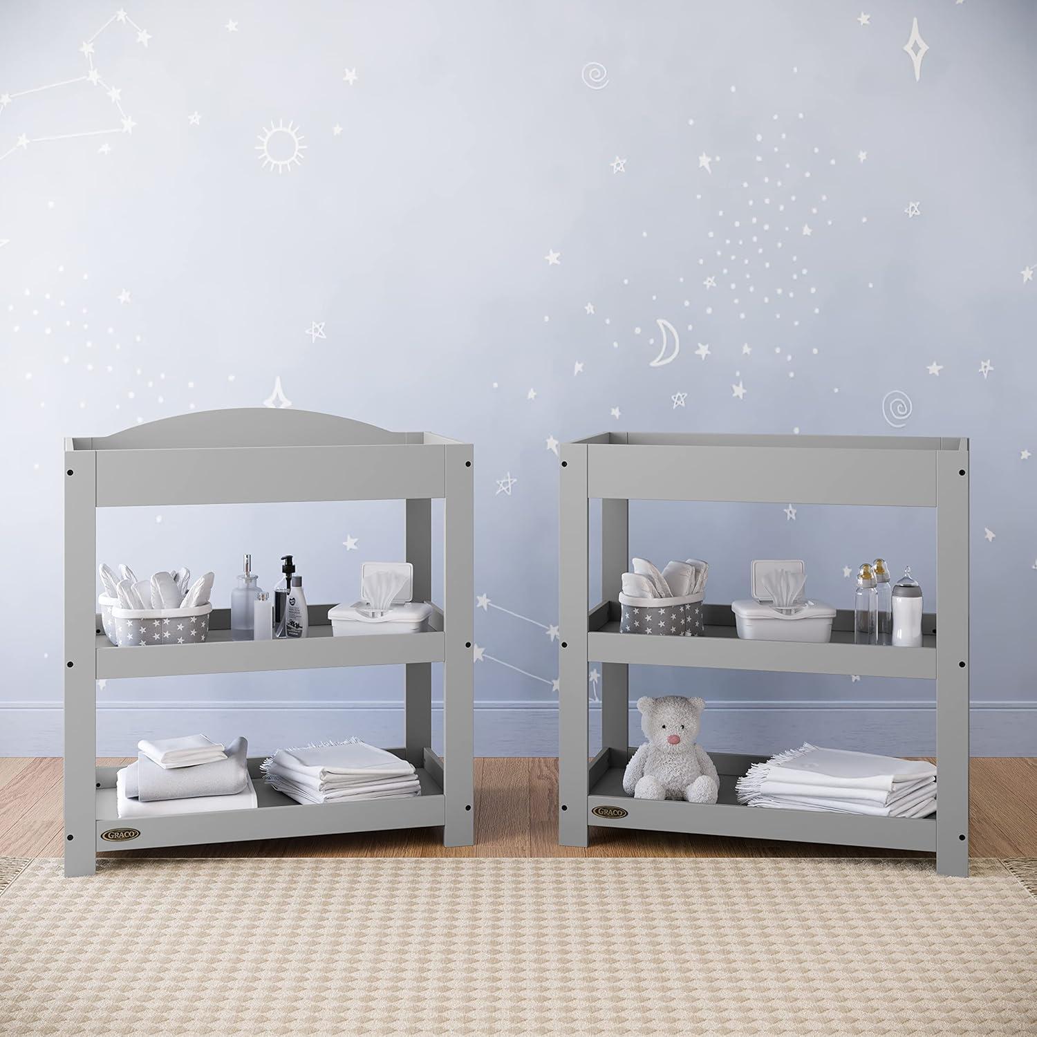 imageGraco Customizable Changing Table with WaterResistant Changing Pad White Customizable Modern Flat or Classic Arched Headboard Baby Diaper Changing Pad IncludedPebble Gray