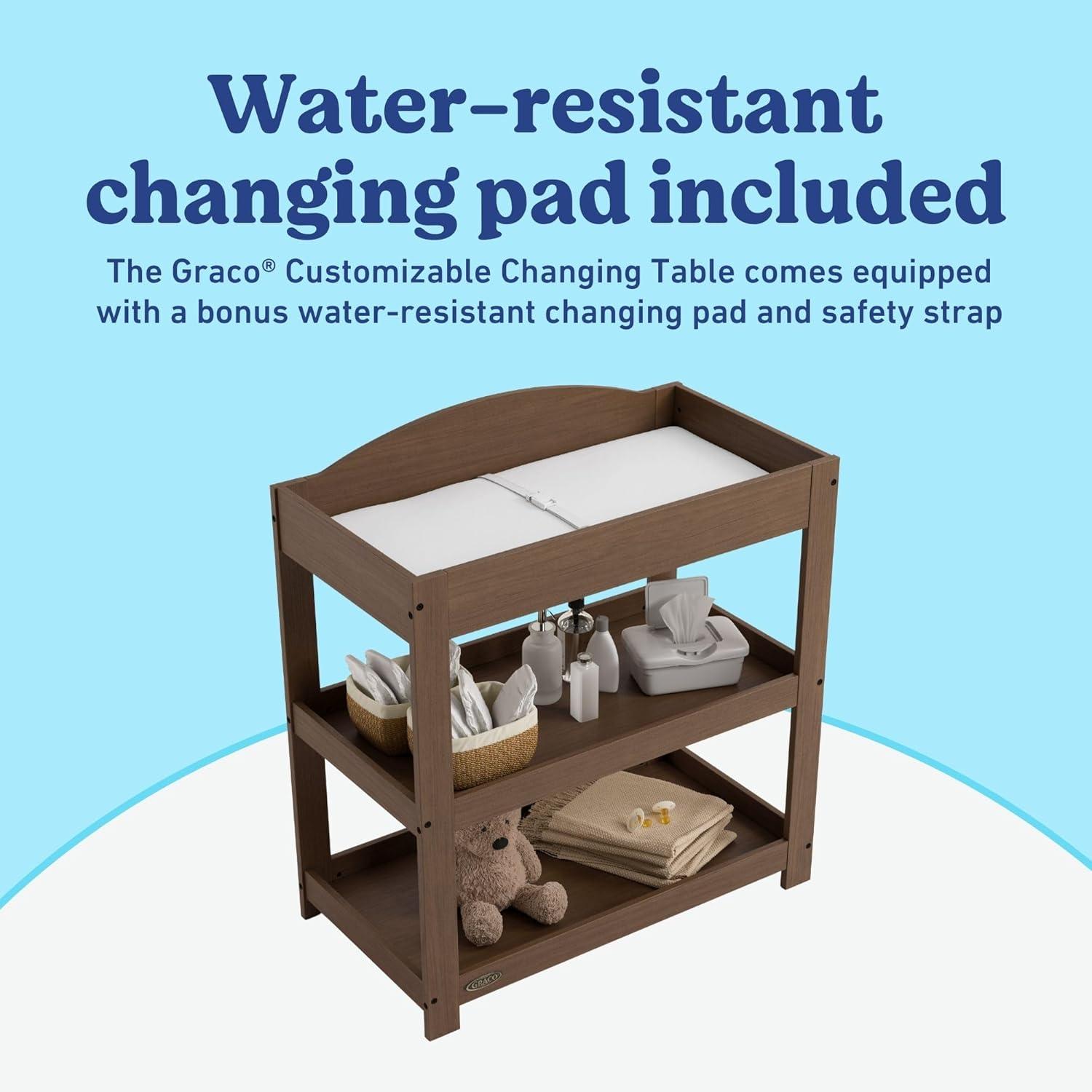 imageGraco Customizable Changing Table with WaterResistant Changing Pad White Customizable Modern Flat or Classic Arched Headboard Baby Diaper Changing Pad IncludedHazelnut