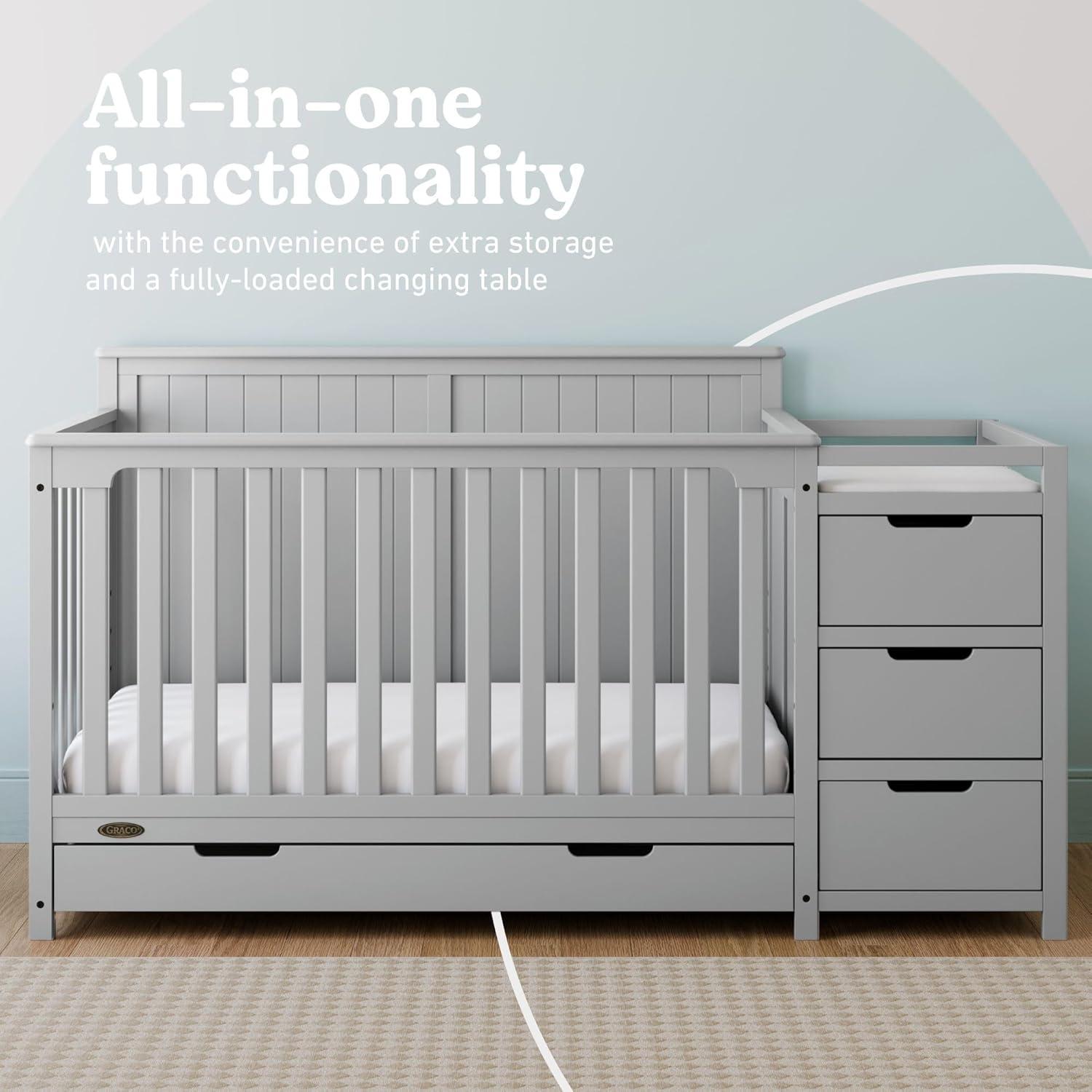 imageGraco Hadley 5in1 Convertible Crib with Drawer White GREENGUARD Gold Certified Crib with Drawer Combo FullSize Nursery Storage Drawer Converts to Toddler Bed DaybedPebble Gray