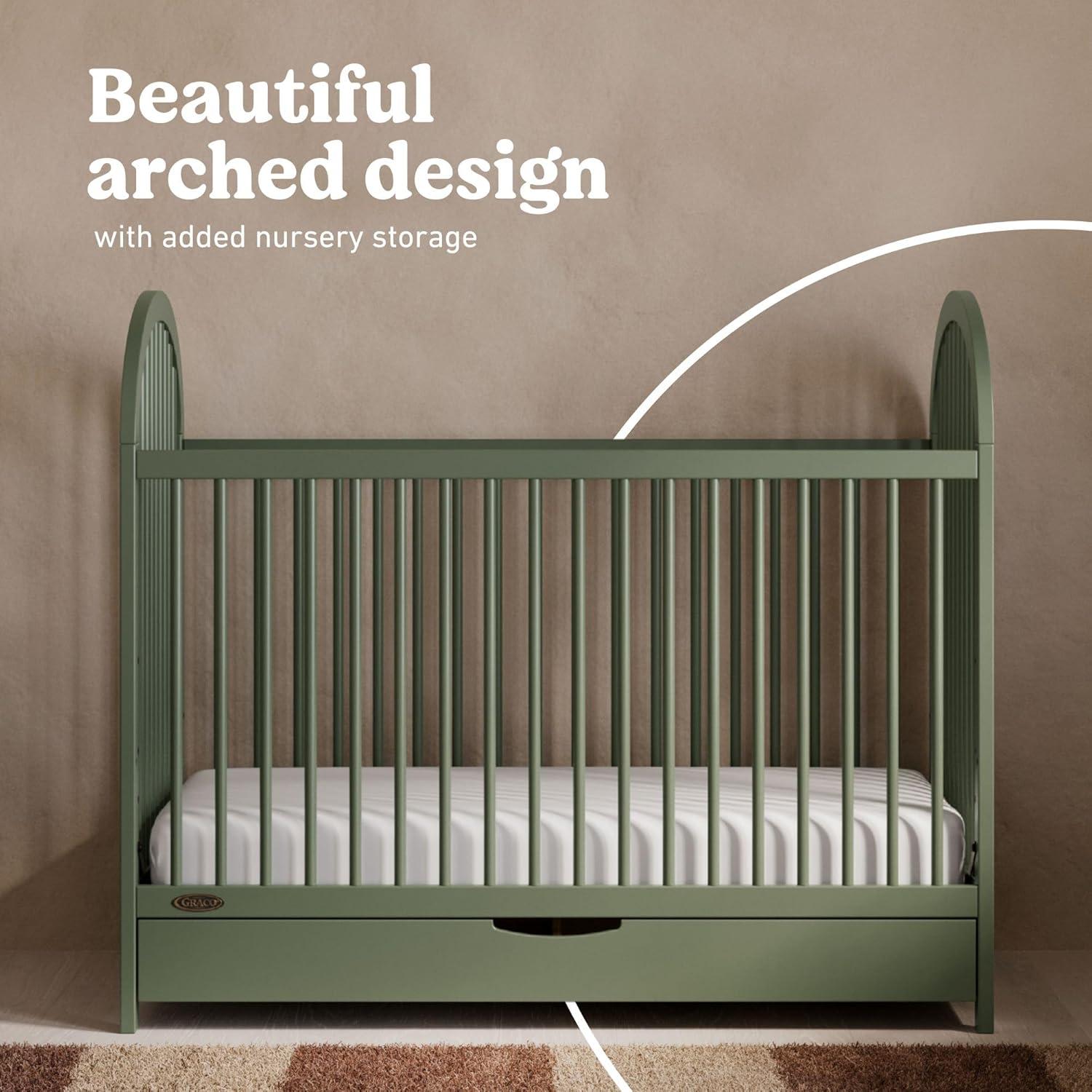 imageGraco Olivia Convertible Crib White GREENGUARD Gold Certified 100 Solid Wood Fits Standard Crib Mattress Converts to Toddler Bed and Daybed 4 Adjustable Mattress HeightsOlive