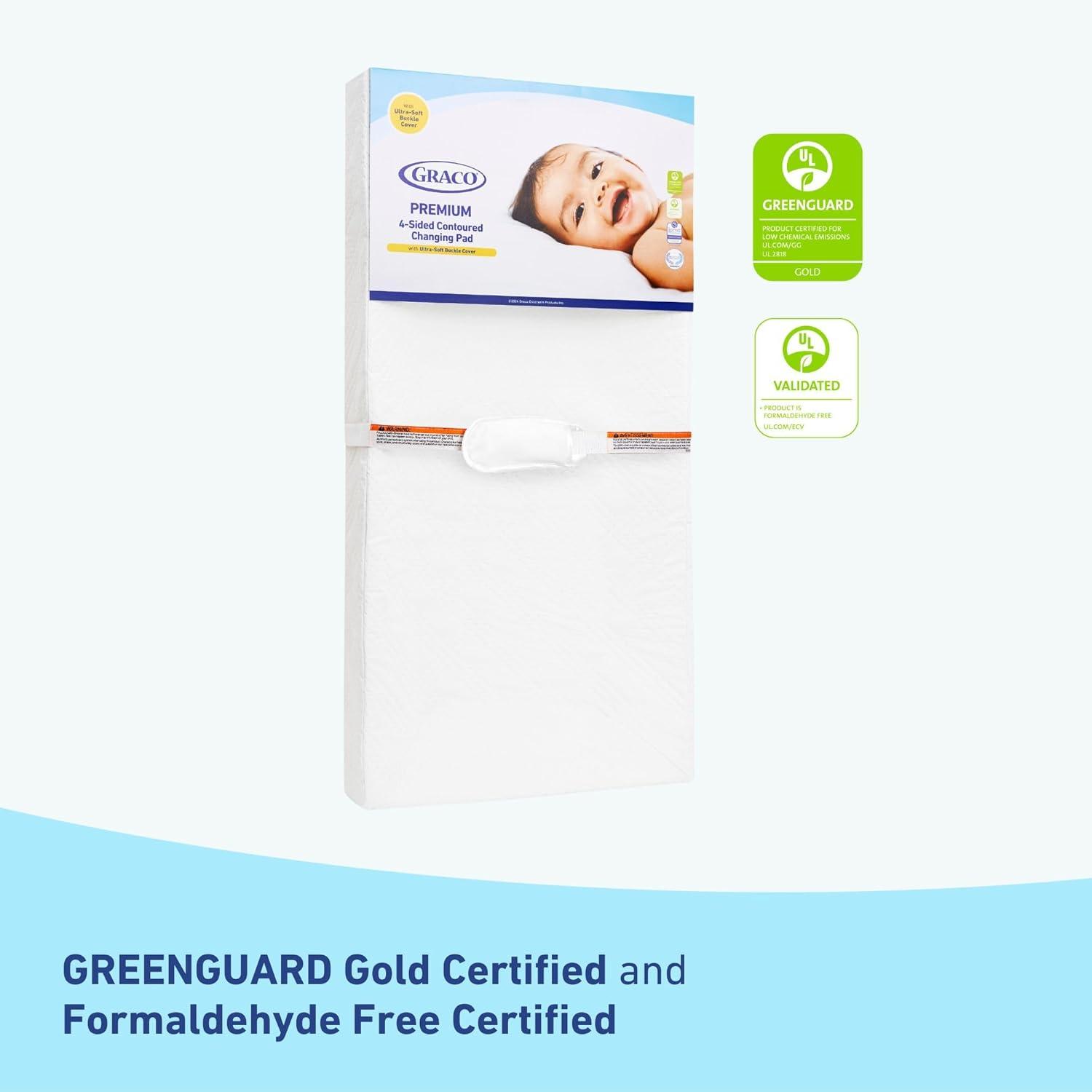 imageGraco Premium Contoured Changing Pad GREENGUARD Gold Certified WaterResistant UltraSoft Buckle Cover Contoured Baby Changing Pad Fits Most StandardSize Changing Toppers NonSkid Bottom4Sided