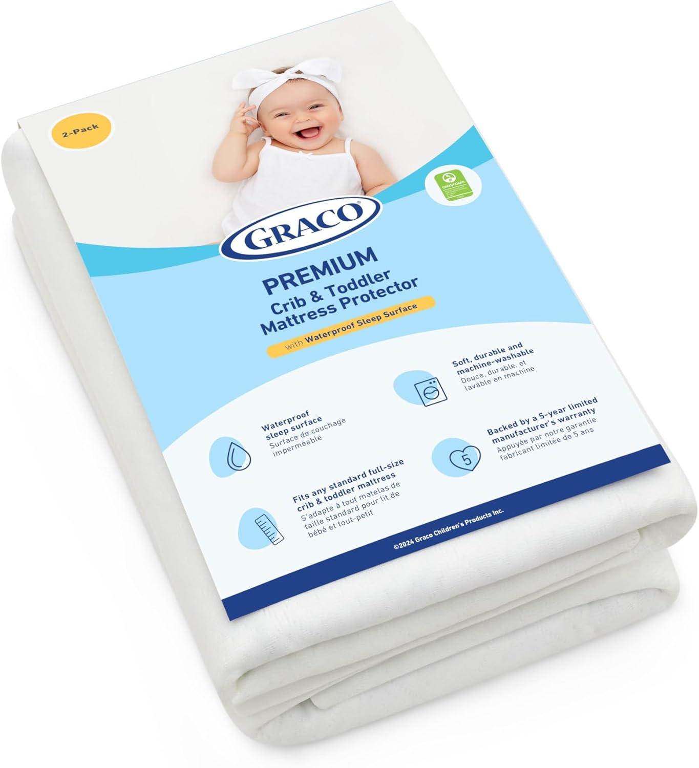 imageGraco Premium Waterproof Crib and Toddler Mattress Protector 2 Pack GREENGUARD Gold Certified MachineWashable ampamp DryerFriendly Waterproof Sleep Surface Fits Crib ampamp MattressWhite
