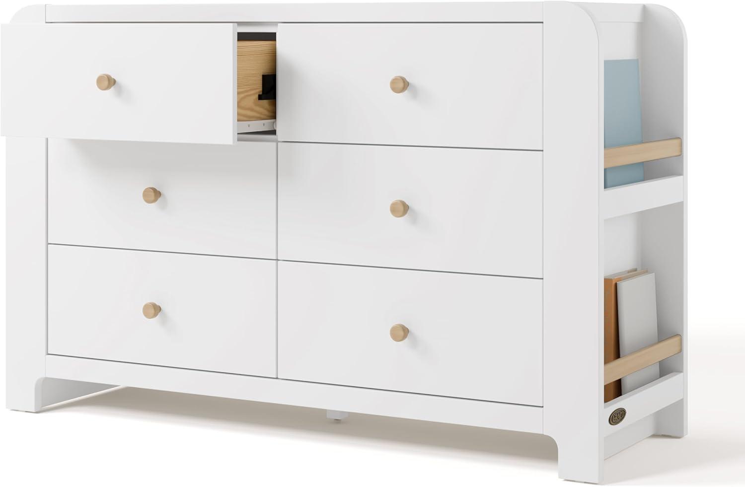 imageGraco ReadwithMe 6 Drawer Dresser with Bookshelves White with Driftwood GREENGUARD Gold Certified Storage for Baby and Kids Room Interlocking Drawer SystemWhite With Driftwood