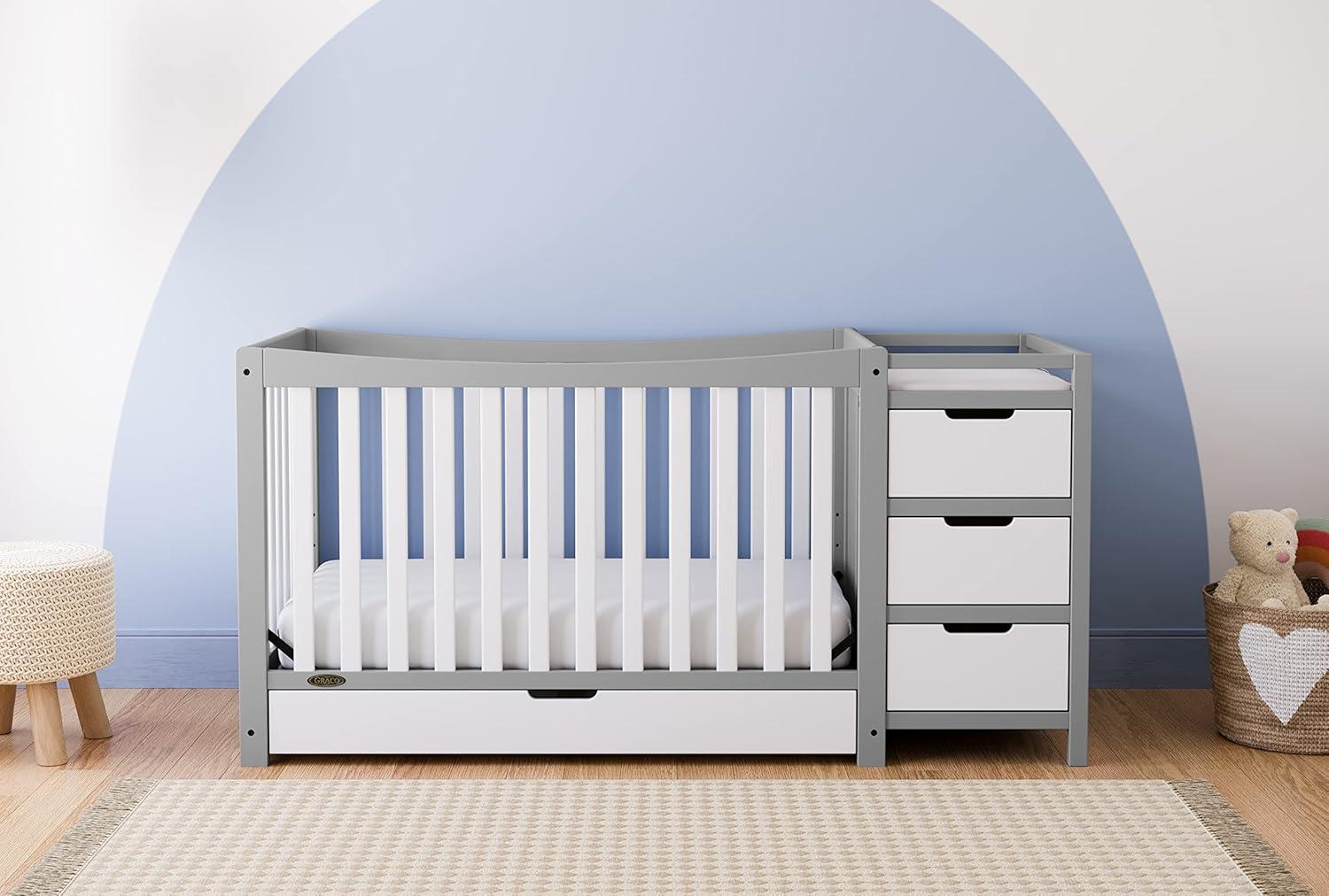 imageGraco Remi 4in1 Convertible Crib ampamp Changer White GREENGUARD Gold Certified Fits Standard Crib Mattress Converts to Toddler Bed and Full Bed 4 Adjustable Mattress HeightsPebble Gray White