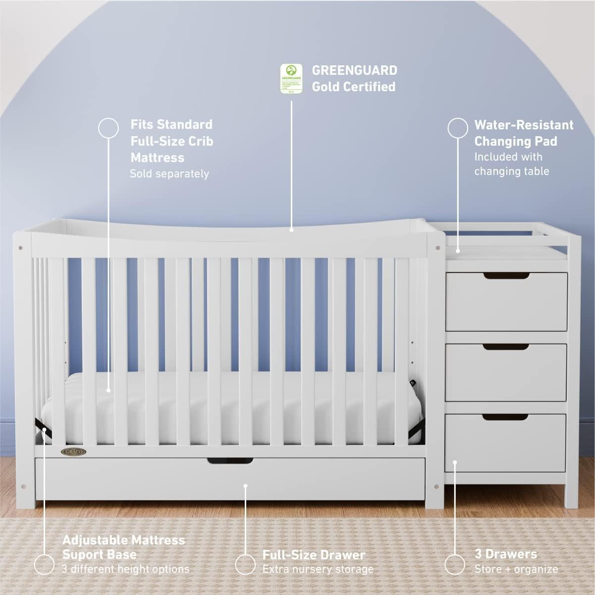 imageGraco Remi 4in1 Convertible Crib ampamp Changer White GREENGUARD Gold Certified Fits Standard Crib Mattress Converts to Toddler Bed and Full Bed 4 Adjustable Mattress HeightsWhite