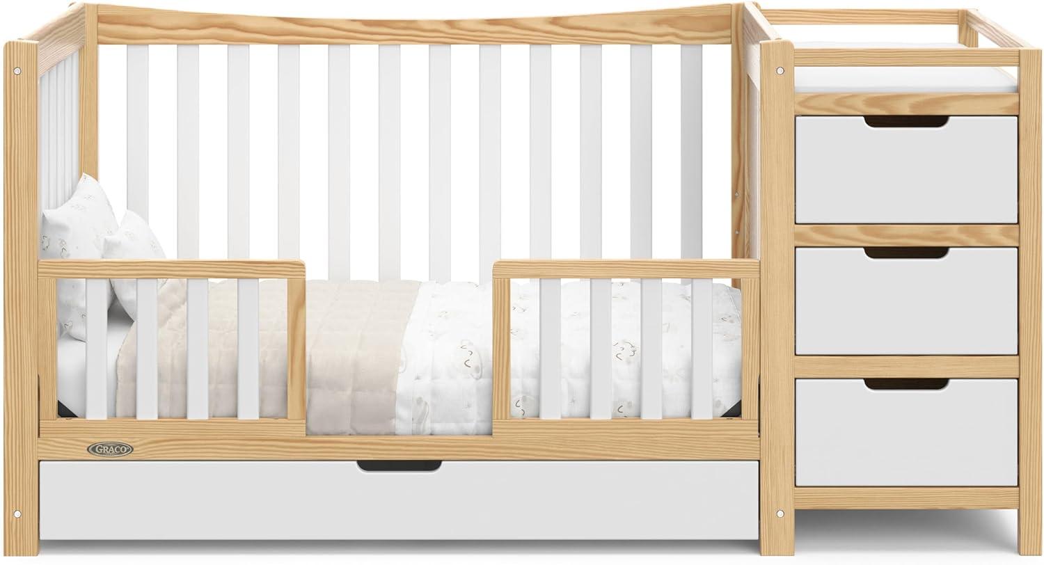 imageGraco Remi 4in1 Convertible Crib ampamp Changer White GREENGUARD Gold Certified Fits Standard Crib Mattress Converts to Toddler Bed and Full Bed 4 Adjustable Mattress HeightsWhite Natural