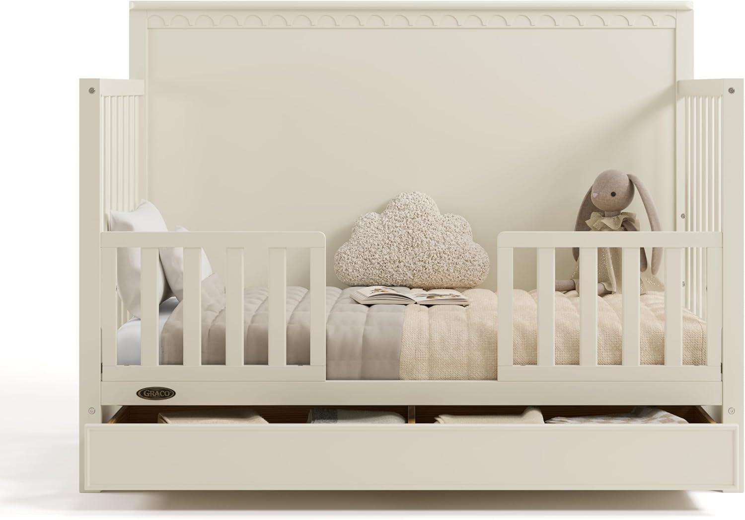 imageGraco Sasha 5in1 Convertible Crib with Drawer White GREENGUARD Gold Certified Wood Crib Converts to Toddler Bed Daybed FullSize Bed Stylish Classic DesignFroasted Oat