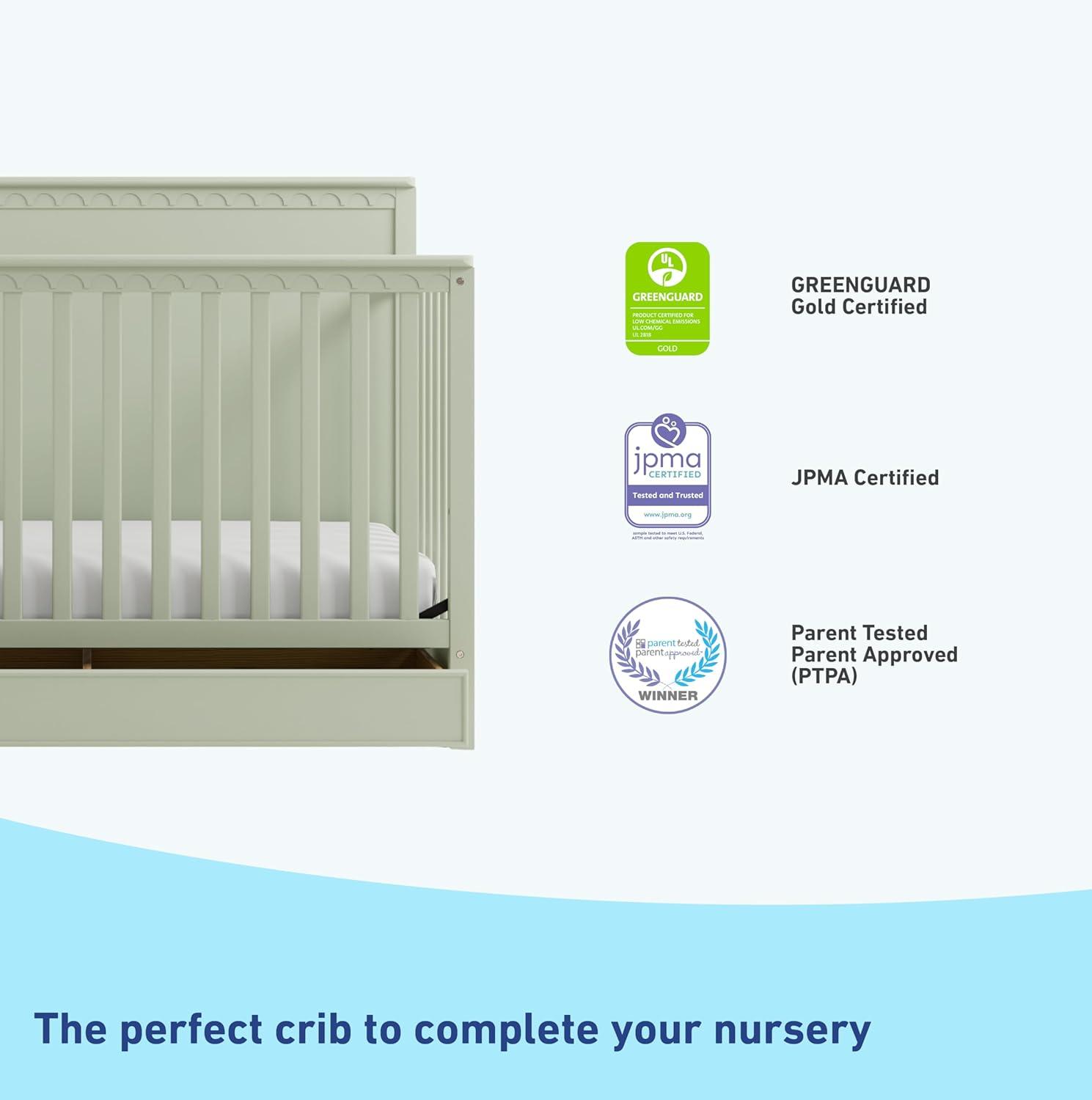 imageGraco Sasha 5in1 Convertible Crib with Drawer White GREENGUARD Gold Certified Wood Crib Converts to Toddler Bed Daybed FullSize Bed Stylish Classic DesignSage