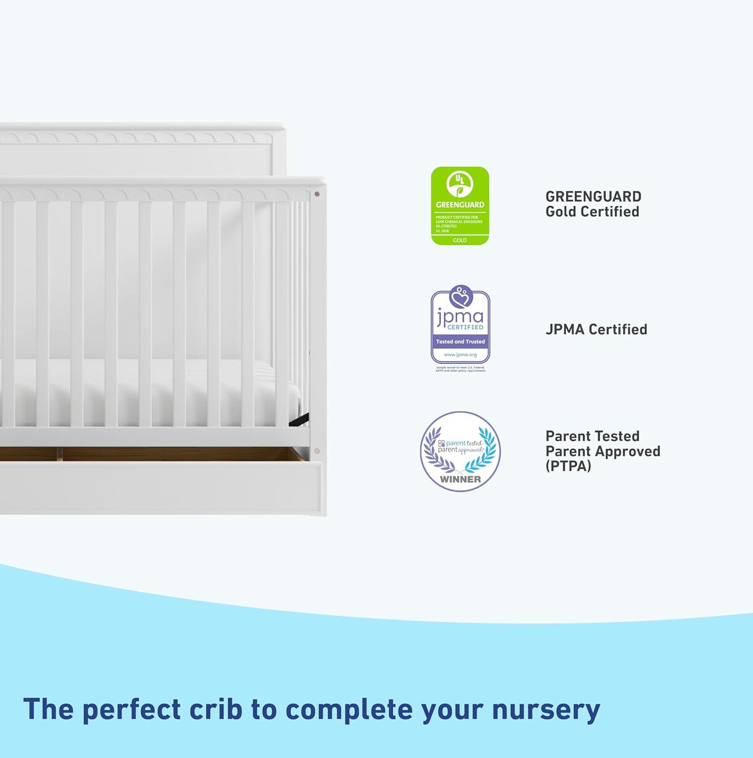 imageGraco Sasha 5in1 Convertible Crib with Drawer White GREENGUARD Gold Certified Wood Crib Converts to Toddler Bed Daybed FullSize Bed Stylish Classic DesignWhite