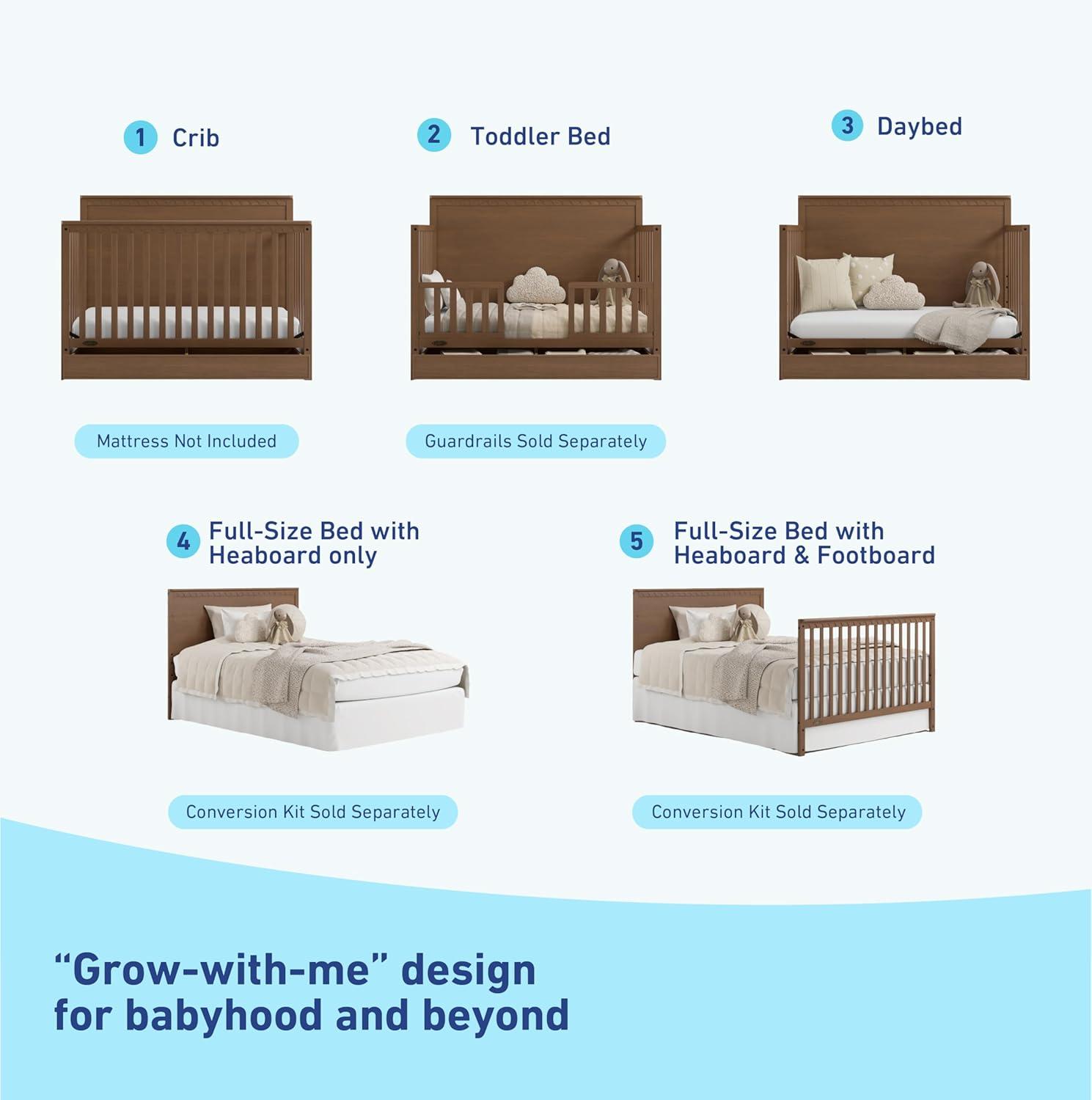 imageGraco Sasha 5in1 Convertible Crib with Drawer White GREENGUARD Gold Certified Wood Crib Converts to Toddler Bed Daybed FullSize Bed Stylish Classic DesignHazelnut