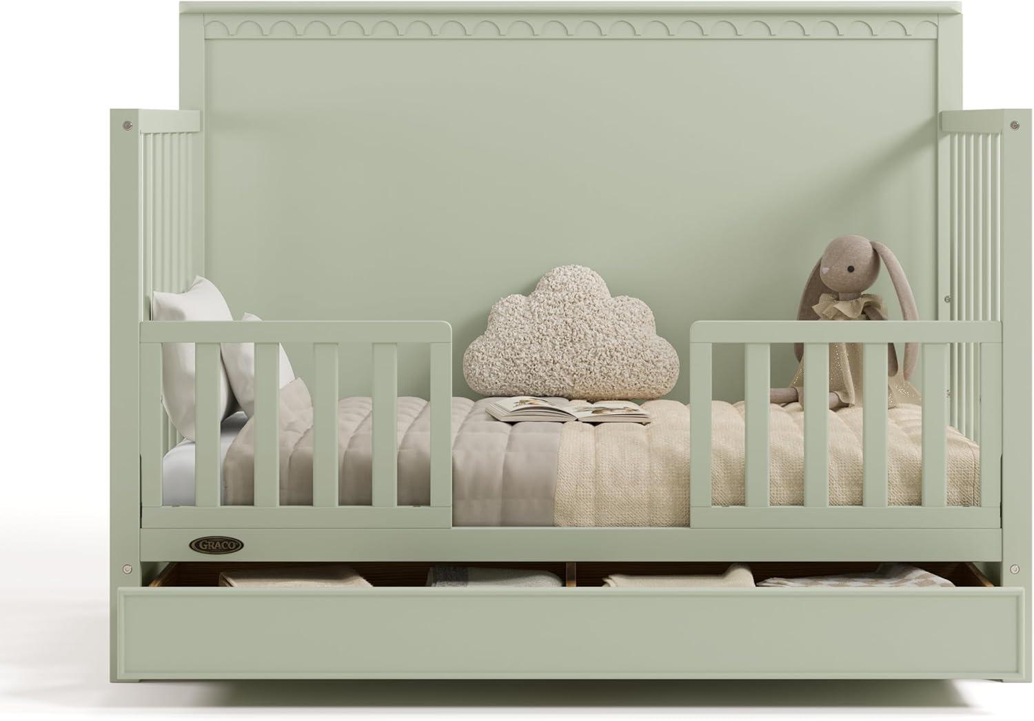 imageGraco Sasha 5in1 Convertible Crib with Drawer White GREENGUARD Gold Certified Wood Crib Converts to Toddler Bed Daybed FullSize Bed Stylish Classic DesignSage