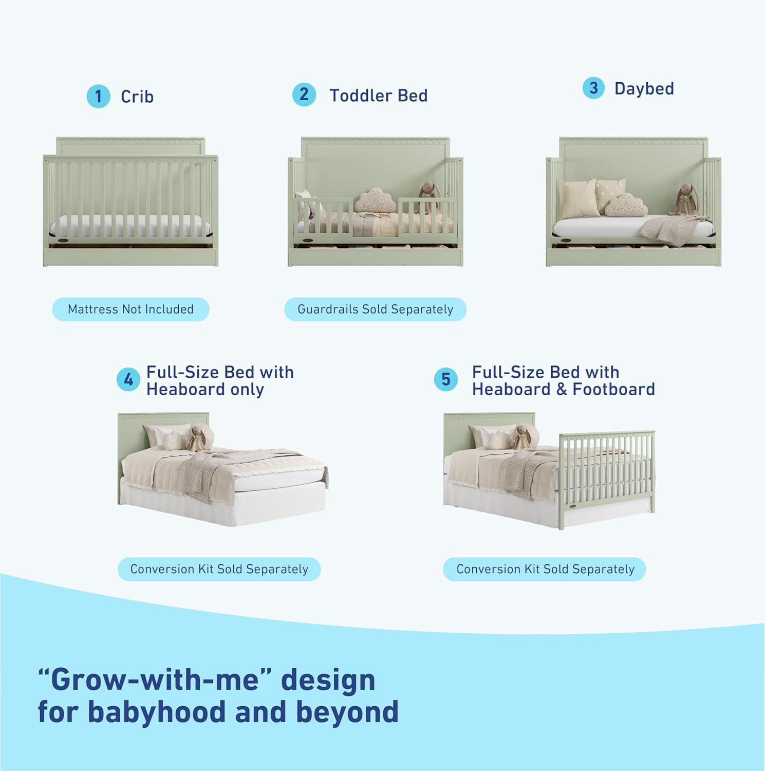 imageGraco Sasha 5in1 Convertible Crib with Drawer White GREENGUARD Gold Certified Wood Crib Converts to Toddler Bed Daybed FullSize Bed Stylish Classic DesignSage