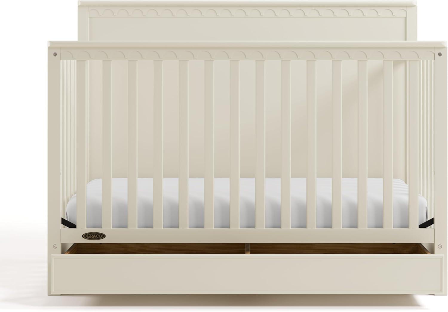 imageGraco Sasha 5in1 Convertible Crib with Drawer White GREENGUARD Gold Certified Wood Crib Converts to Toddler Bed Daybed FullSize Bed Stylish Classic DesignFroasted Oat