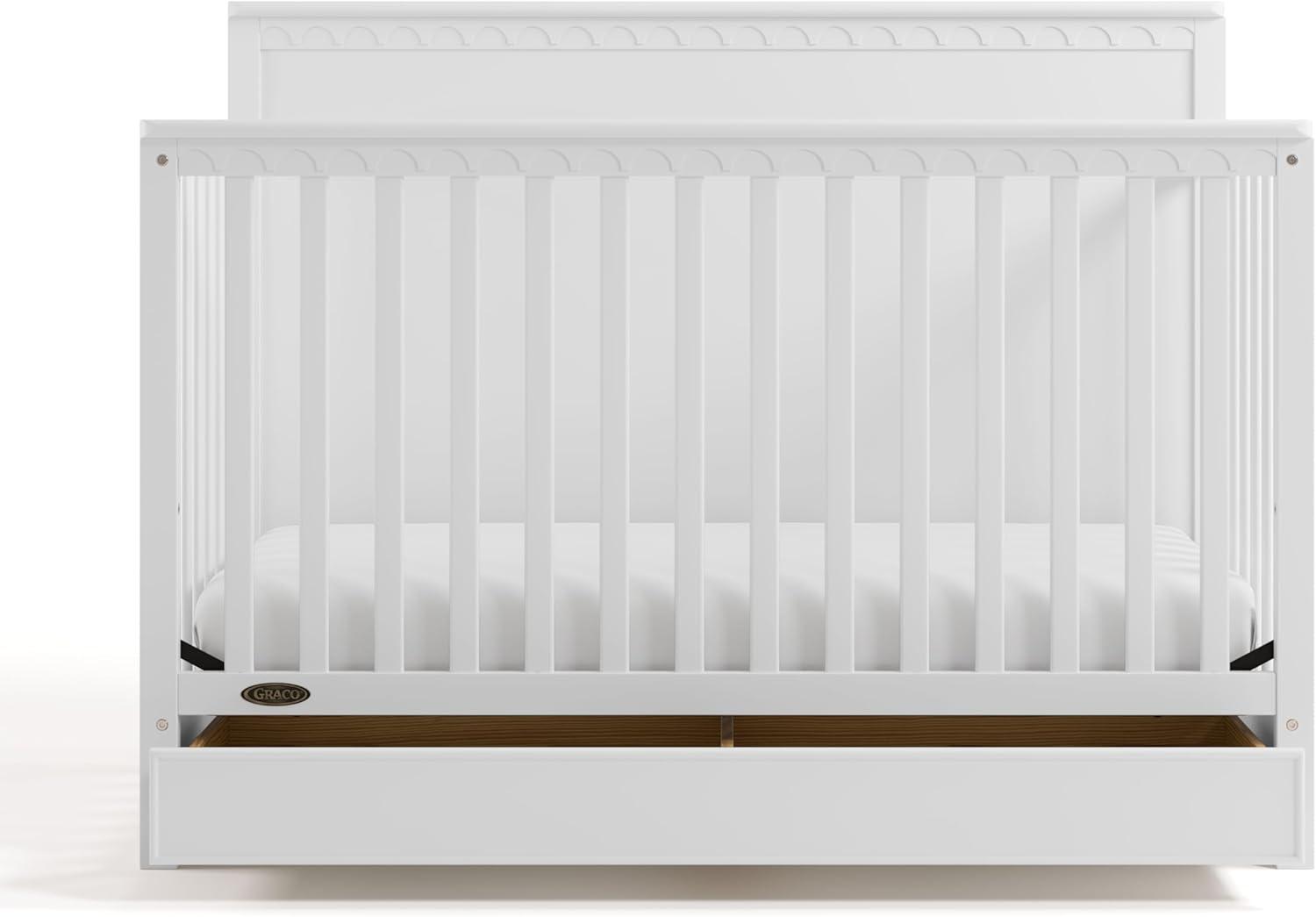 imageGraco Sasha 5in1 Convertible Crib with Drawer White GREENGUARD Gold Certified Wood Crib Converts to Toddler Bed Daybed FullSize Bed Stylish Classic DesignWhite