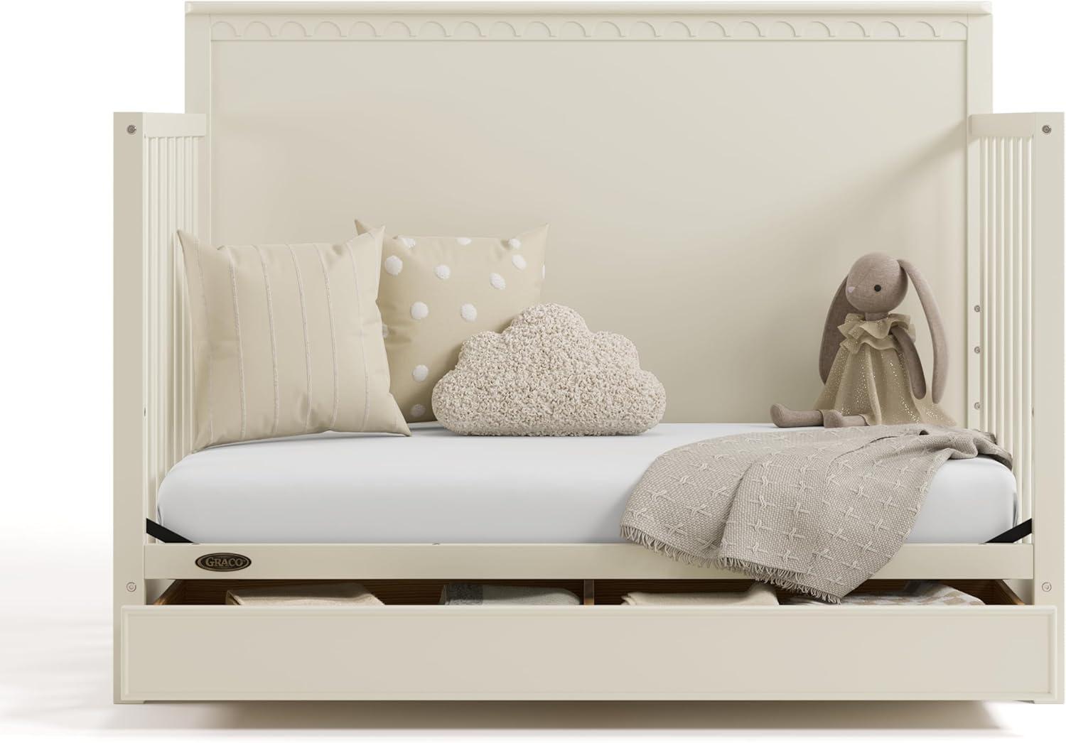 imageGraco Sasha 5in1 Convertible Crib with Drawer White GREENGUARD Gold Certified Wood Crib Converts to Toddler Bed Daybed FullSize Bed Stylish Classic DesignFroasted Oat