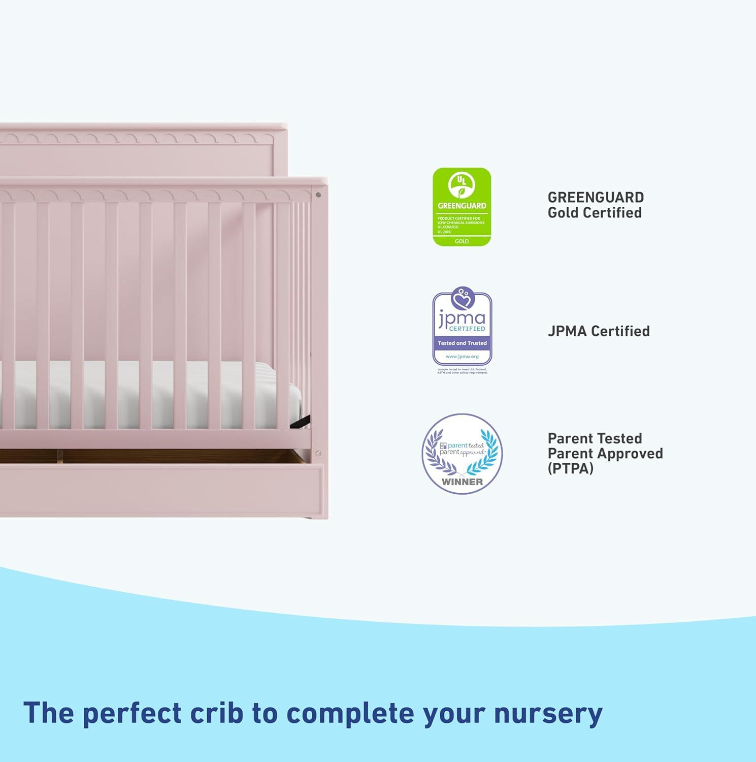 imageGraco Sasha 5in1 Convertible Crib with Drawer White GREENGUARD Gold Certified Wood Crib Converts to Toddler Bed Daybed FullSize Bed Stylish Classic DesignBlush