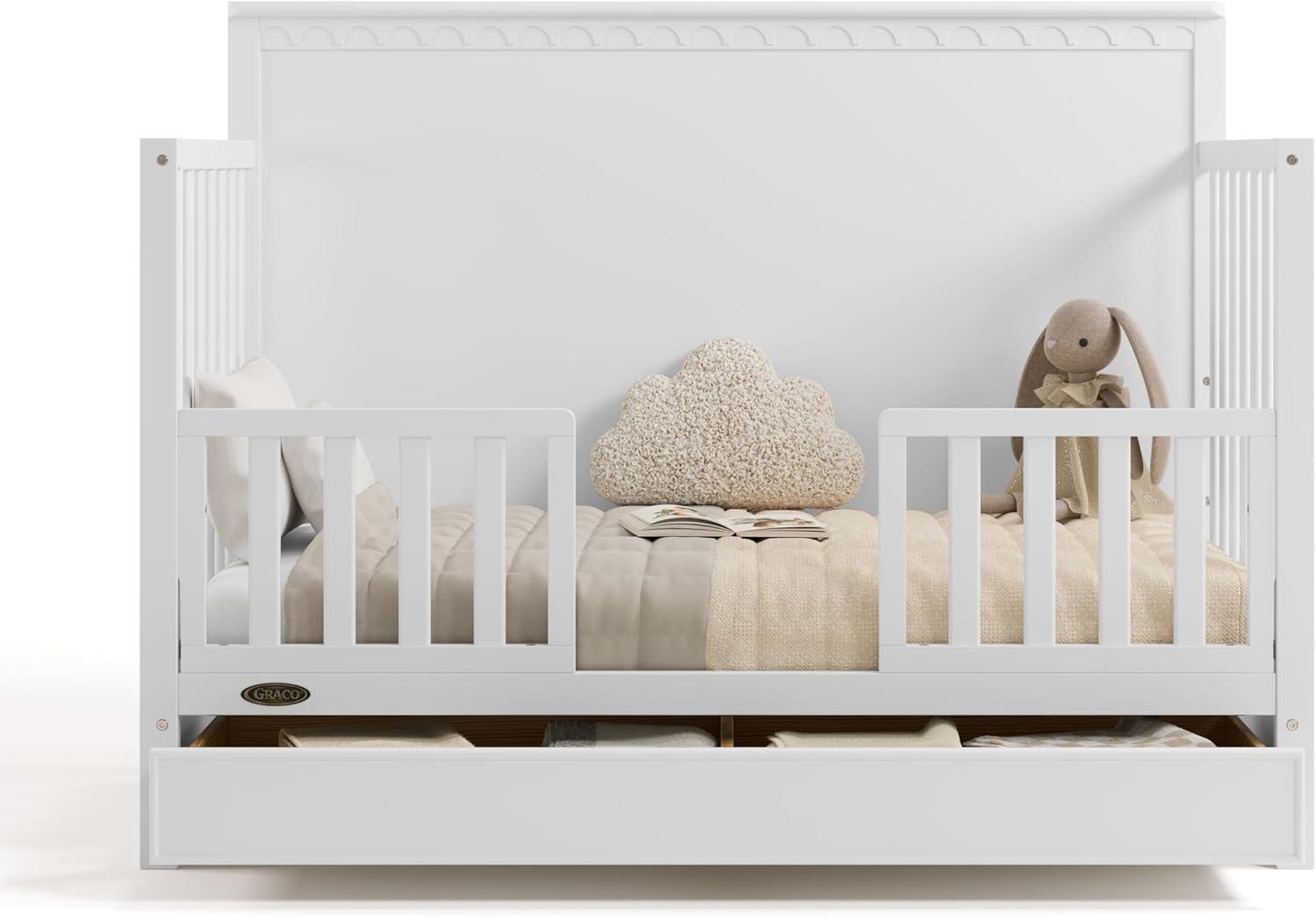 imageGraco Sasha 5in1 Convertible Crib with Drawer White GREENGUARD Gold Certified Wood Crib Converts to Toddler Bed Daybed FullSize Bed Stylish Classic DesignWhite