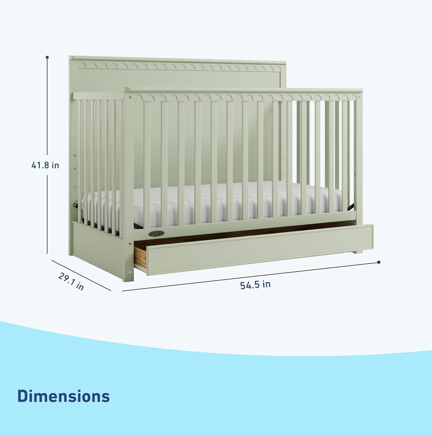 imageGraco Sasha 5in1 Convertible Crib with Drawer White GREENGUARD Gold Certified Wood Crib Converts to Toddler Bed Daybed FullSize Bed Stylish Classic DesignSage