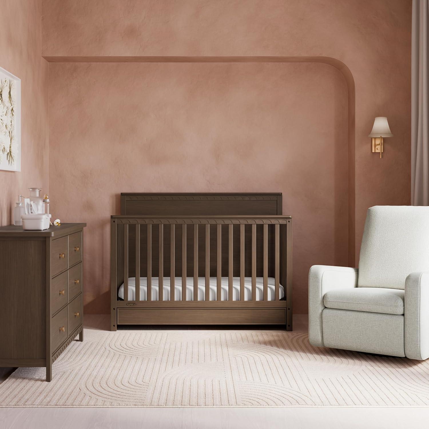 imageGraco Sasha 5in1 Convertible Crib with Drawer White GREENGUARD Gold Certified Wood Crib Converts to Toddler Bed Daybed FullSize Bed Stylish Classic DesignHazelnut