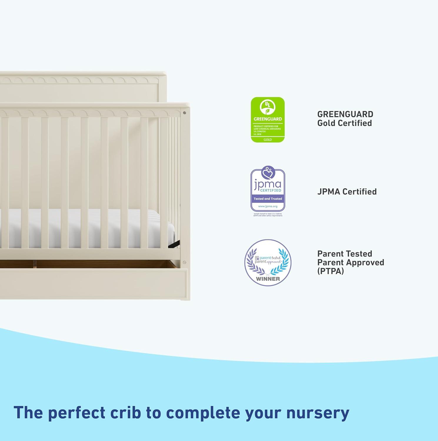 imageGraco Sasha 5in1 Convertible Crib with Drawer White GREENGUARD Gold Certified Wood Crib Converts to Toddler Bed Daybed FullSize Bed Stylish Classic DesignFroasted Oat