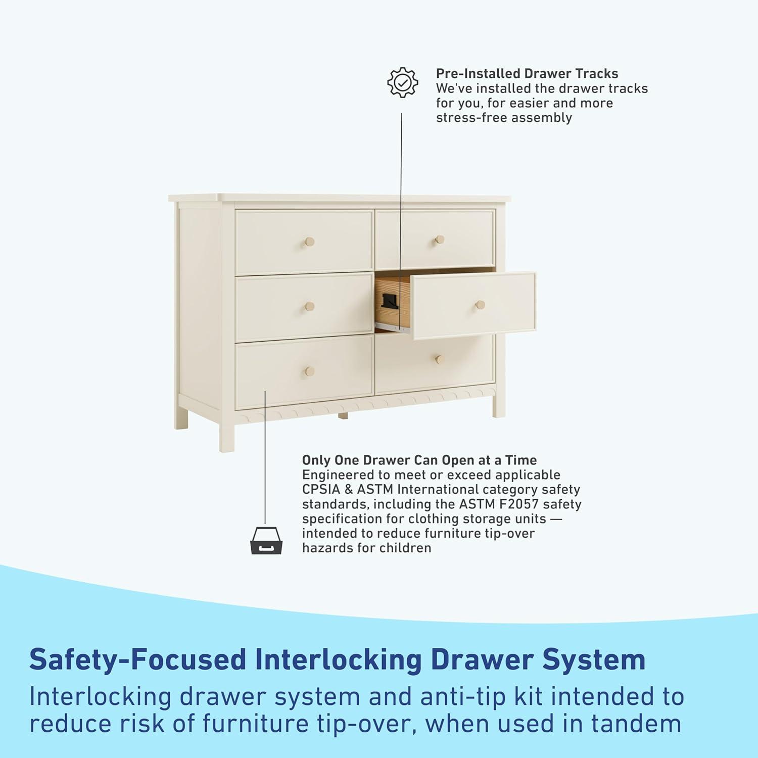 imageGraco Sasha 6 Drawer Dresser White GREENGUARD Gold Certified Wood Storage for Nursery or Kids Room Safe Interlocking Drawer System ampamp Easy Assembly with PreInstalled TracksFrosted Oat