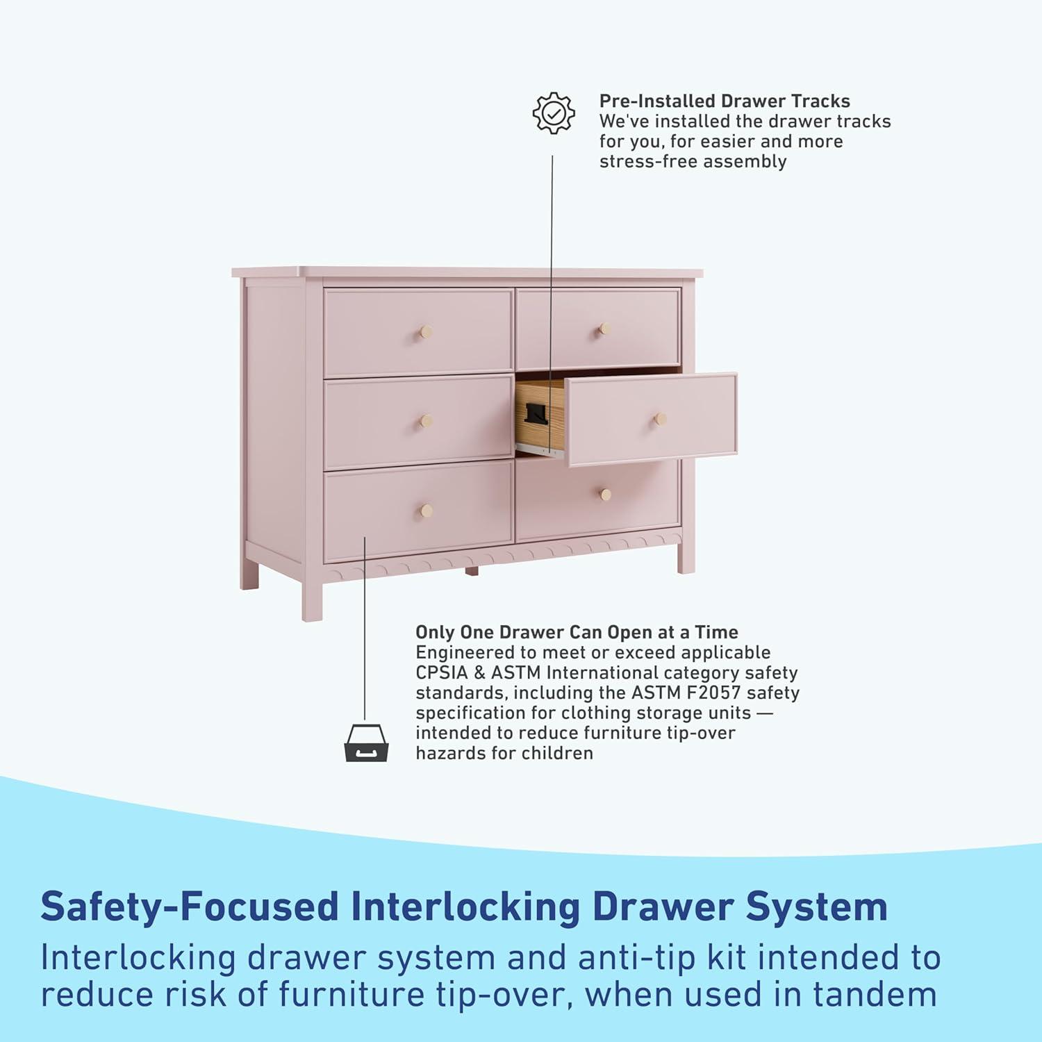 imageGraco Sasha 6 Drawer Dresser White GREENGUARD Gold Certified Wood Storage for Nursery or Kids Room Safe Interlocking Drawer System ampamp Easy Assembly with PreInstalled TracksBlush