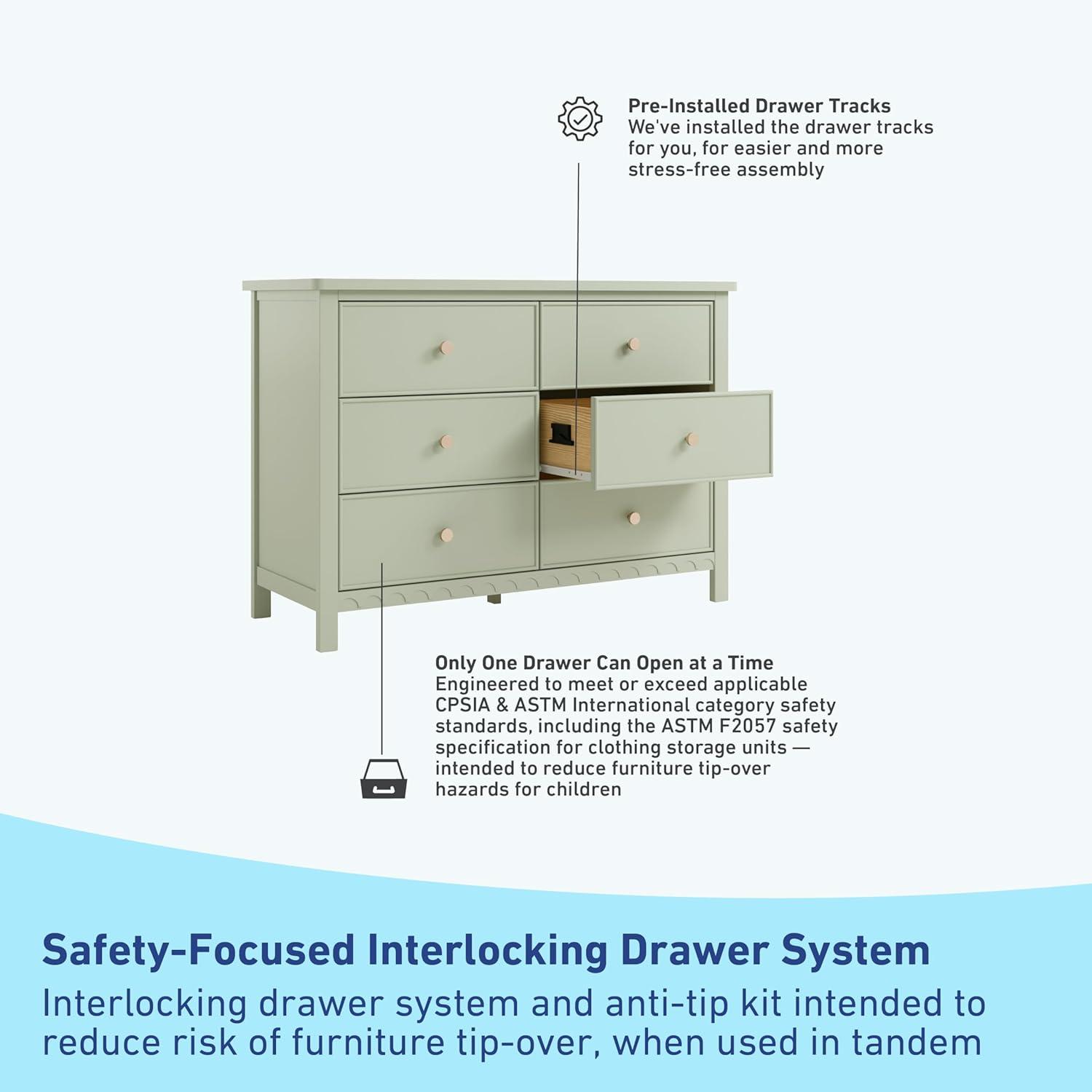imageGraco Sasha 6 Drawer Dresser White GREENGUARD Gold Certified Wood Storage for Nursery or Kids Room Safe Interlocking Drawer System ampamp Easy Assembly with PreInstalled TracksSage