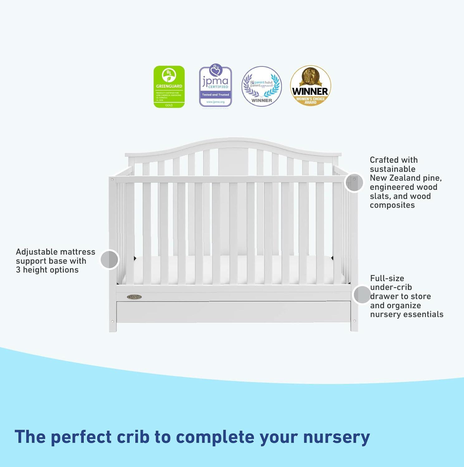 imageGraco Solano 4in1 Convertible Crib with Drawer Combo White GREENGUARD Gold Certified Includes FullSize Nursery Storage Drawer Converts to Toddler Bed and FullSize BedWhite
