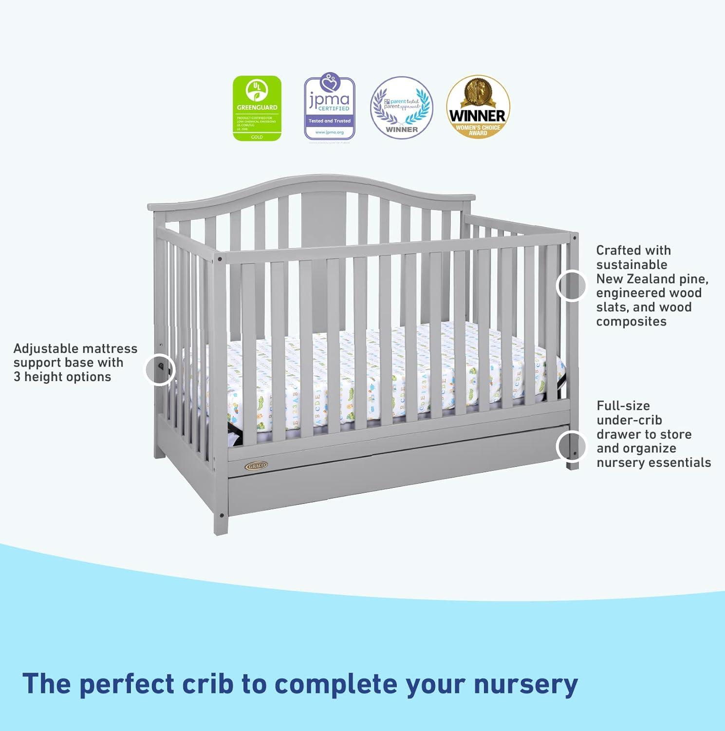 imageGraco Solano 4in1 Convertible Crib with Drawer Combo White GREENGUARD Gold Certified Includes FullSize Nursery Storage Drawer Converts to Toddler Bed and FullSize BedPebble Gray
