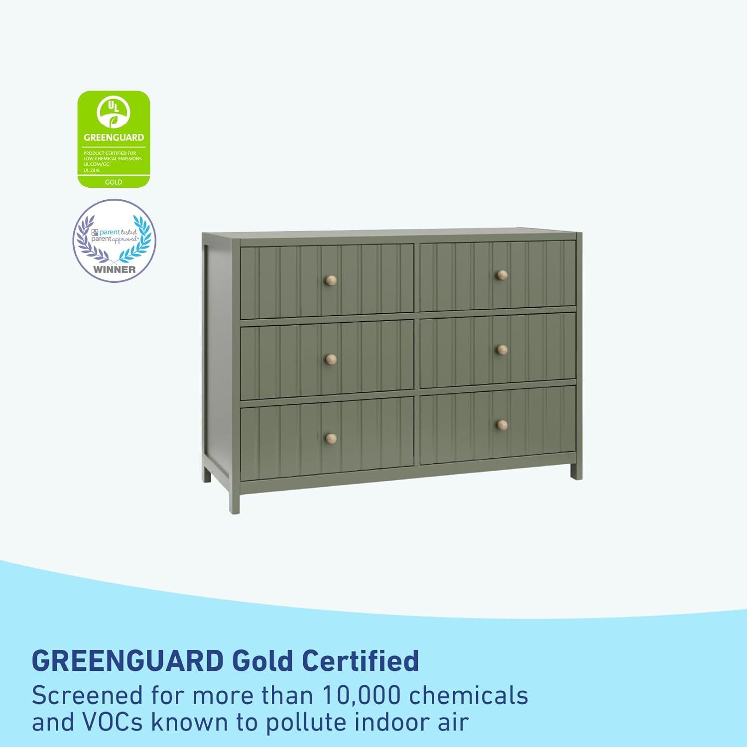 imageGraco Teddi 6 Drawer Double Dresser Olive GREENGUARD Gold Certified Interlocking Drawer System PreInstalled Drawer Tracks Includes Two Sets of Knobs for PersonalizationOlive