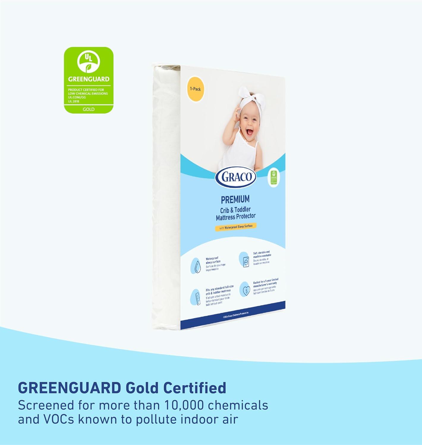 imageGraco Ultra 2in1 Premium Dual Sided Crib ampamp Toddler Mattress GREENGUARD Gold CertiPURUS Certified Foam Machine Washable Cover with 100 Waterproof Surface Fits Standard Crib ampamp Toddler BedsMattress and Protector 1PK