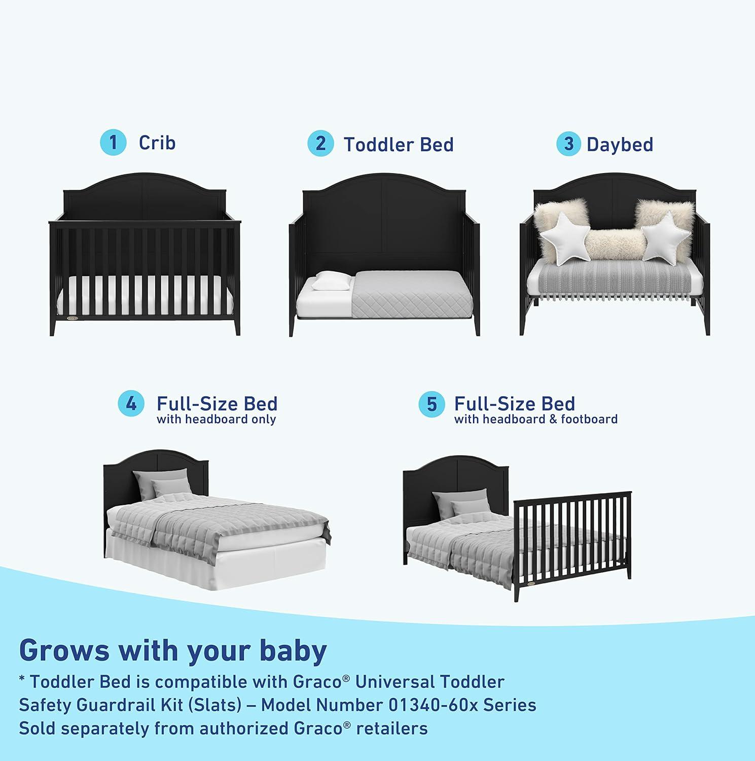 imageGraco Wilfred 5in1 Convertible Crib Black GREENGUARD Gold Certified Converts to Toddler Bed and FullSize Bed Fits Standard FullSize Crib Mattress Adjustable Mattress Support BaseBlack