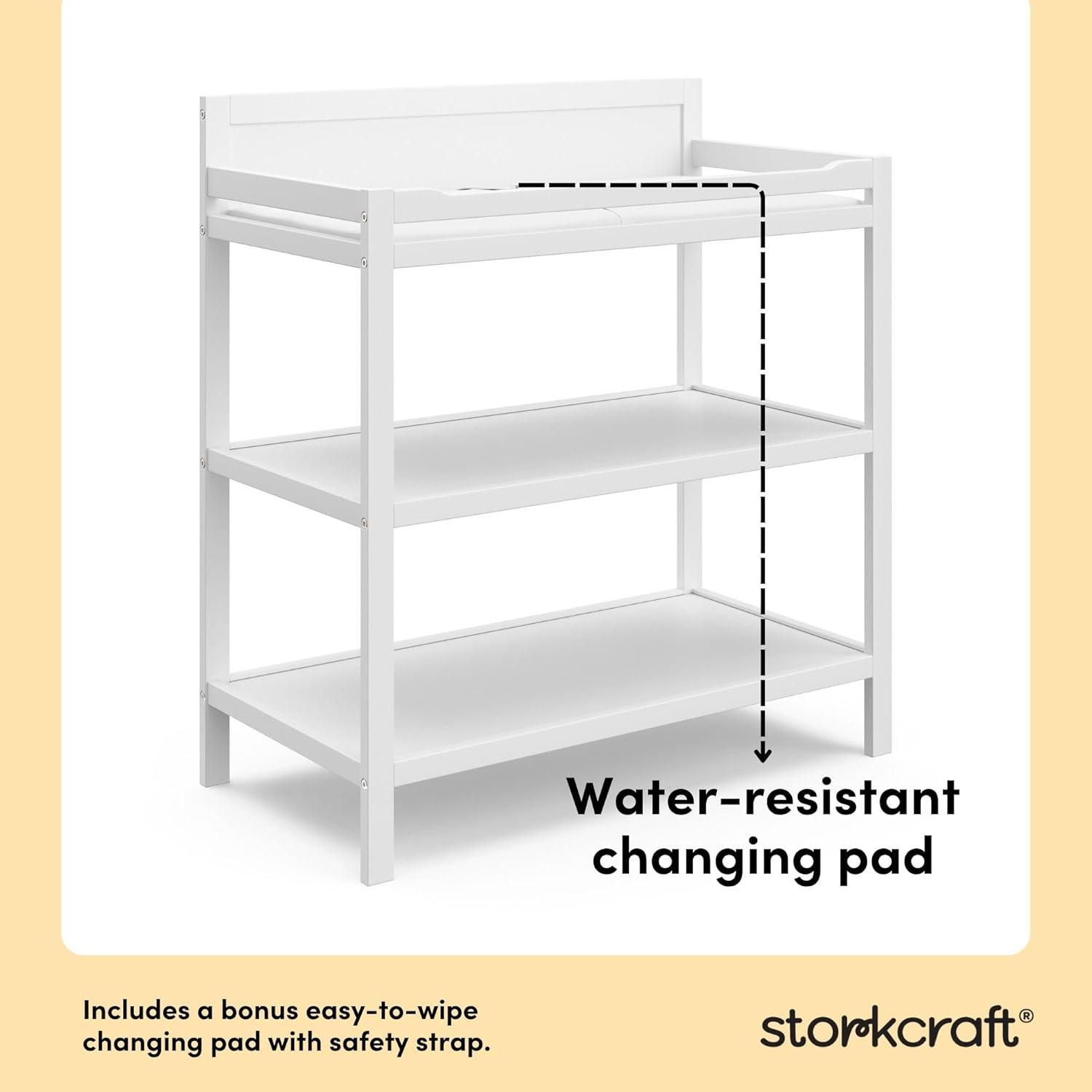 imageStorkcraft Alpine Changing Table White GREENGUARD Gold Certified Nursery Changing Table Includes WaterResistant Changing Pad 2 Shelves for Nursery Storage and OrganizingWhite