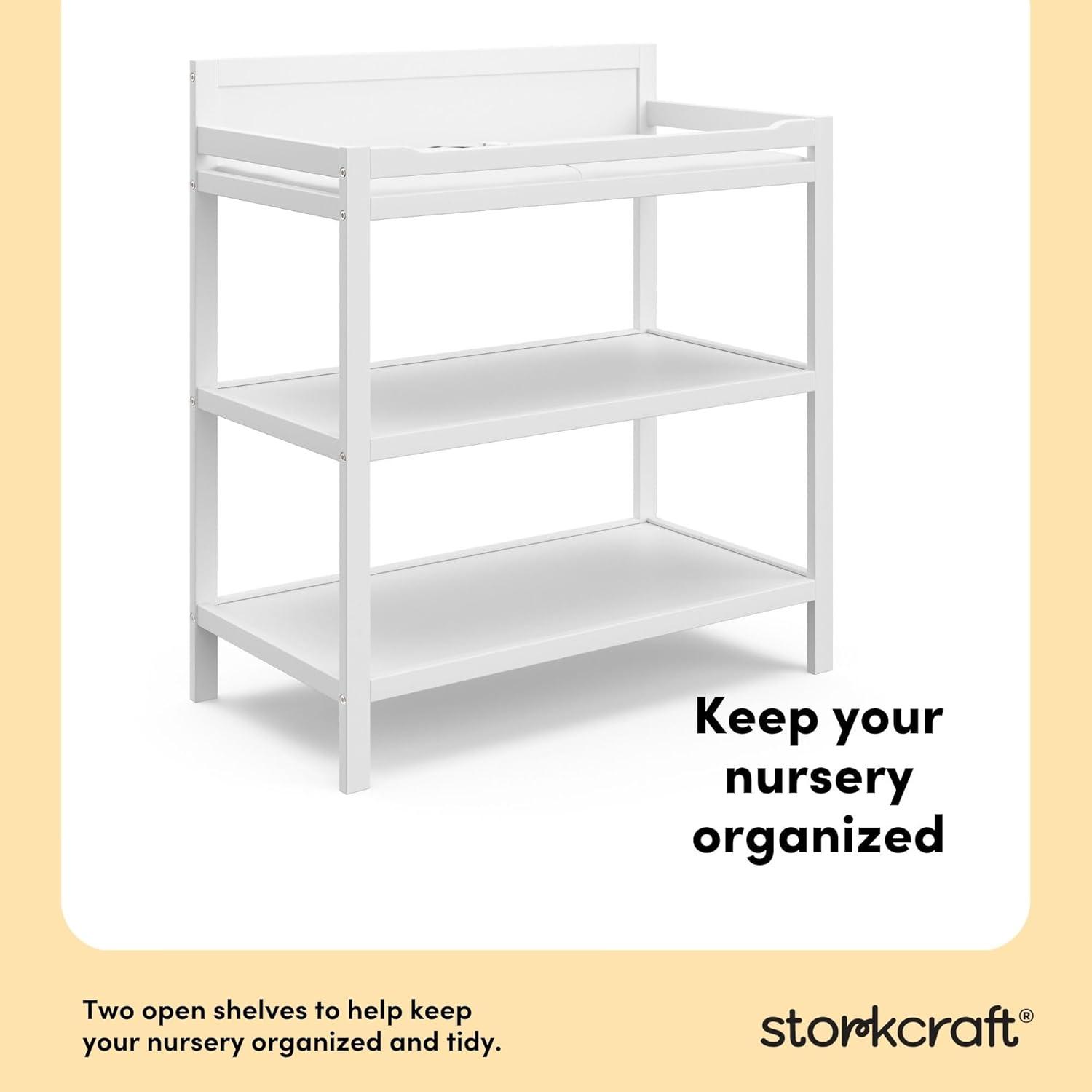 imageStorkcraft Alpine Changing Table White GREENGUARD Gold Certified Nursery Changing Table Includes WaterResistant Changing Pad 2 Shelves for Nursery Storage and OrganizingWhite