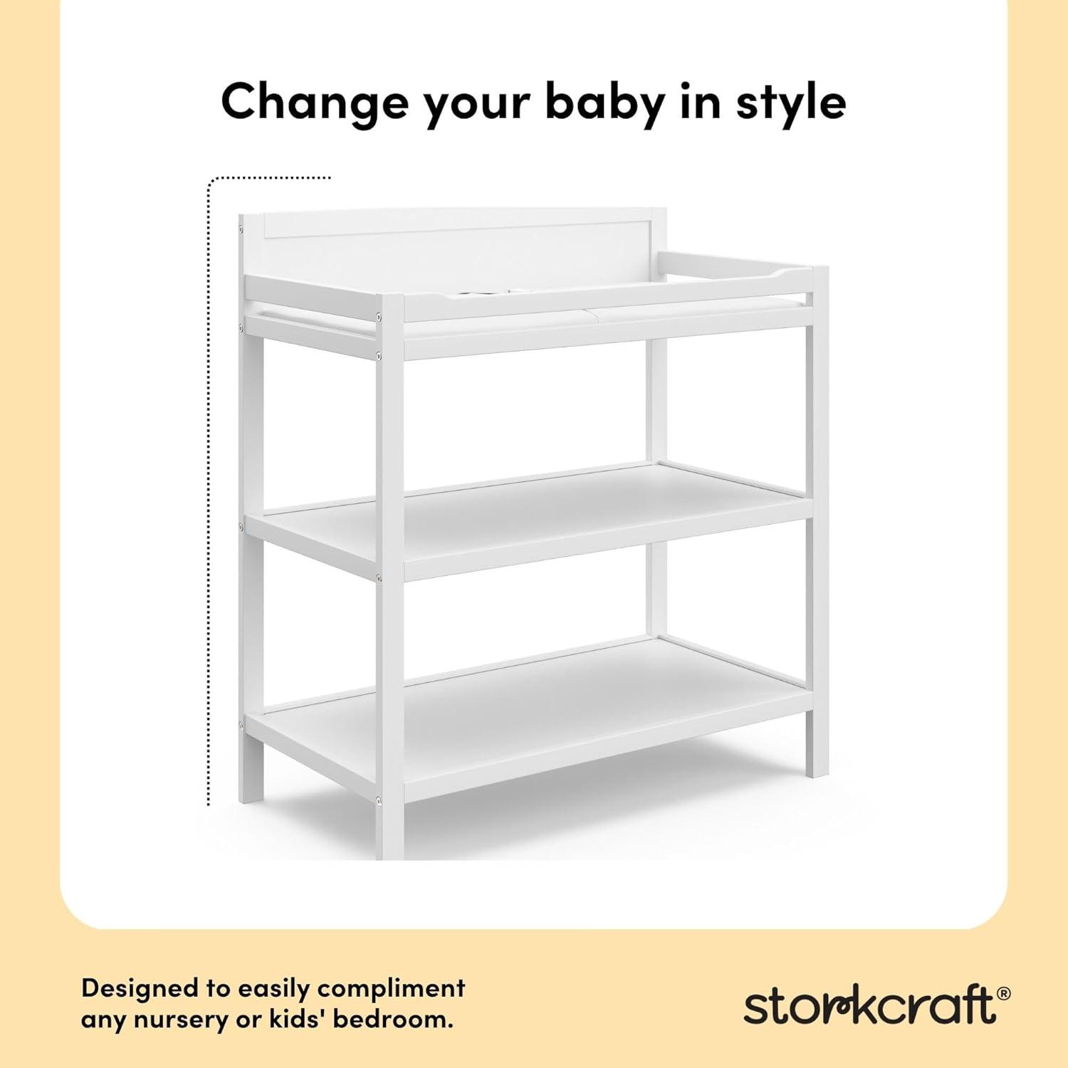 imageStorkcraft Alpine Changing Table White GREENGUARD Gold Certified Nursery Changing Table Includes WaterResistant Changing Pad 2 Shelves for Nursery Storage and OrganizingWhite