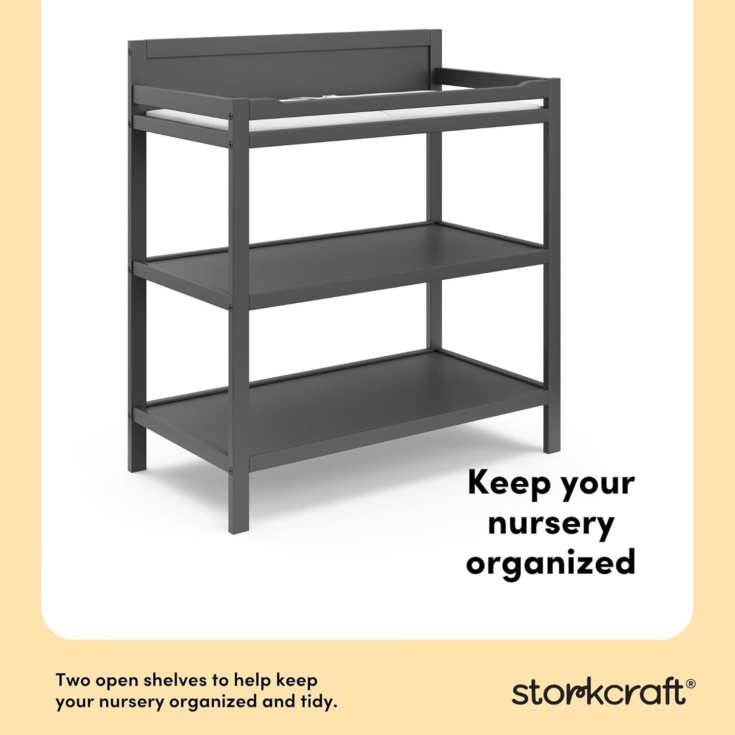 imageStorkcraft Alpine Changing Table White GREENGUARD Gold Certified Nursery Changing Table Includes WaterResistant Changing Pad 2 Shelves for Nursery Storage and OrganizingGray
