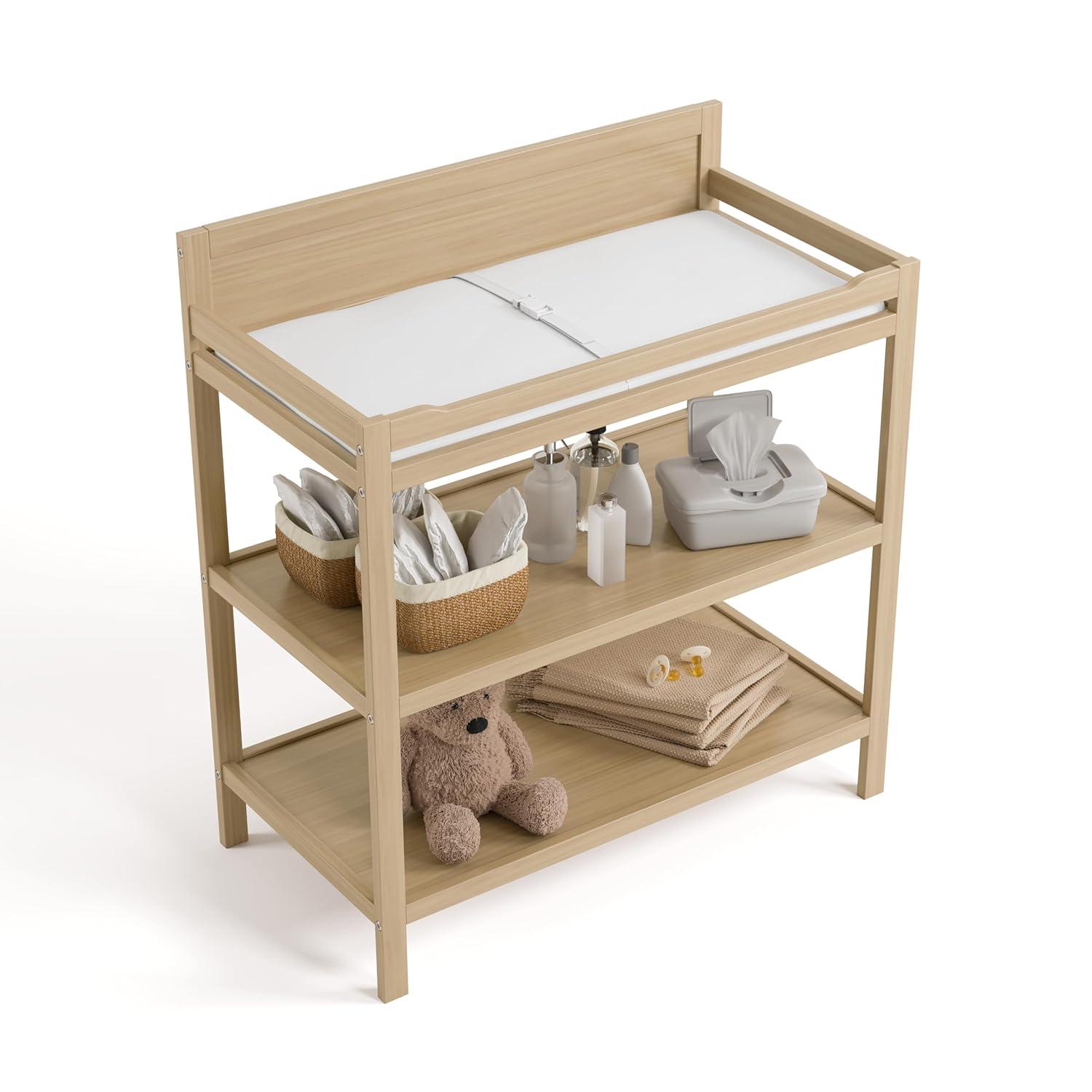 imageStorkcraft Alpine Changing Table White GREENGUARD Gold Certified Nursery Changing Table Includes WaterResistant Changing Pad 2 Shelves for Nursery Storage and OrganizingDriftwood