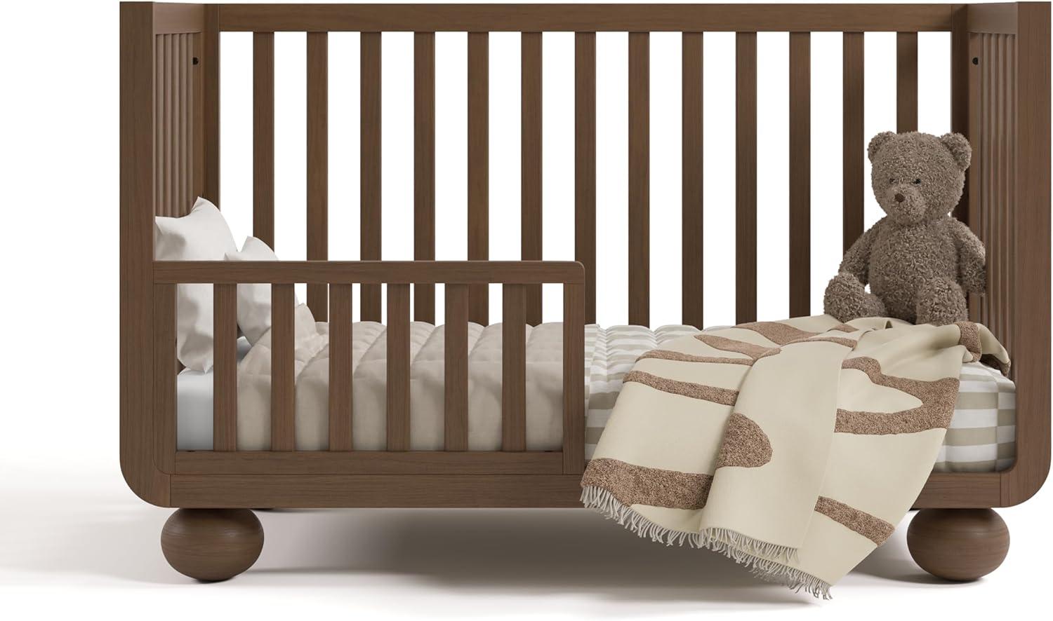 imageStorkcraft Amalfi 5in1 Convertible Crib with Toddler Guardrail Frosted Oat ampamp Driftwood GREENGUARD Gold Certified Toddler Bed Conversion Kit Included Fits Crib Mattress Converts to Full BedHazelnut