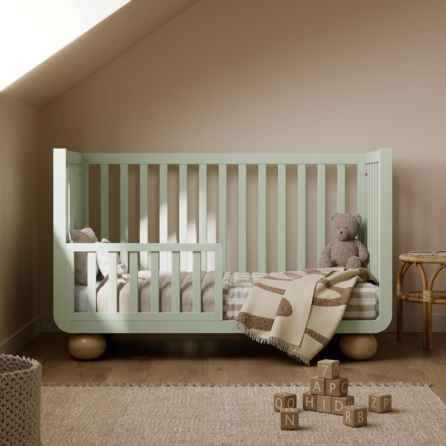 imageStorkcraft Amalfi 5in1 Convertible Crib with Toddler Guardrail Frosted Oat ampamp Driftwood GREENGUARD Gold Certified Toddler Bed Conversion Kit Included Fits Crib Mattress Converts to Full BedSage and Driftwood