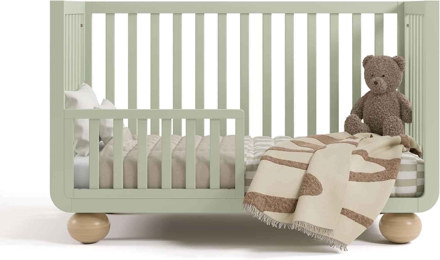 imageStorkcraft Amalfi 5in1 Convertible Crib with Toddler Guardrail Frosted Oat ampamp Driftwood GREENGUARD Gold Certified Toddler Bed Conversion Kit Included Fits Crib Mattress Converts to Full BedSage and Driftwood