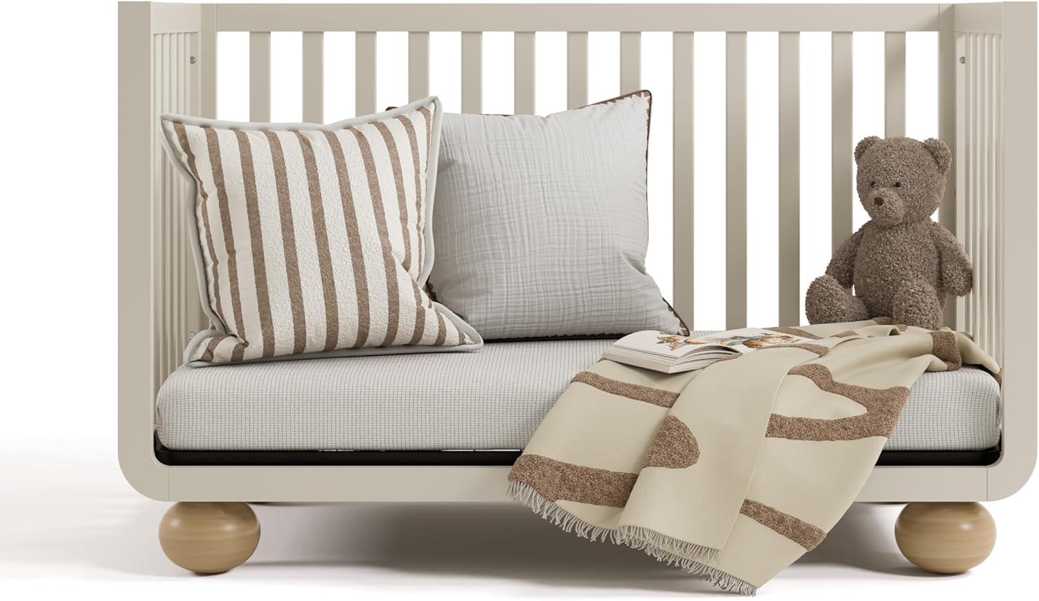 imageStorkcraft Amalfi 5in1 Convertible Crib with Toddler Guardrail Frosted Oat ampamp Driftwood GREENGUARD Gold Certified Toddler Bed Conversion Kit Included Fits Crib Mattress Converts to Full BedFrosted Oat and Driftwood