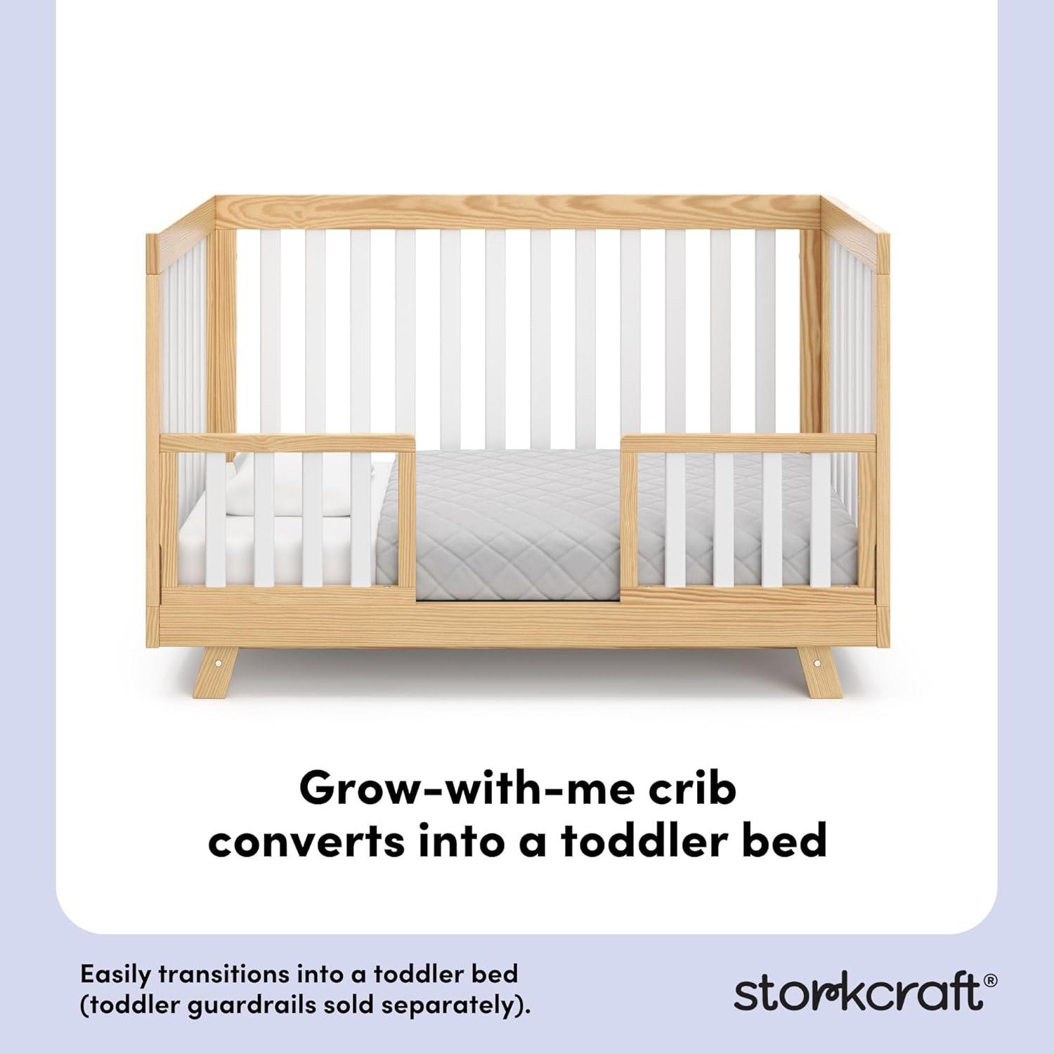 imageStorkcraft Beckett 3in1 Convertible Crib Natural GREENGUARD Gold Certified Fits Standard Crib Mattress Converts to Toddler Bed and Daybed 4 Adjustable Mattress Heights GrowwithMe DesignNatural With White